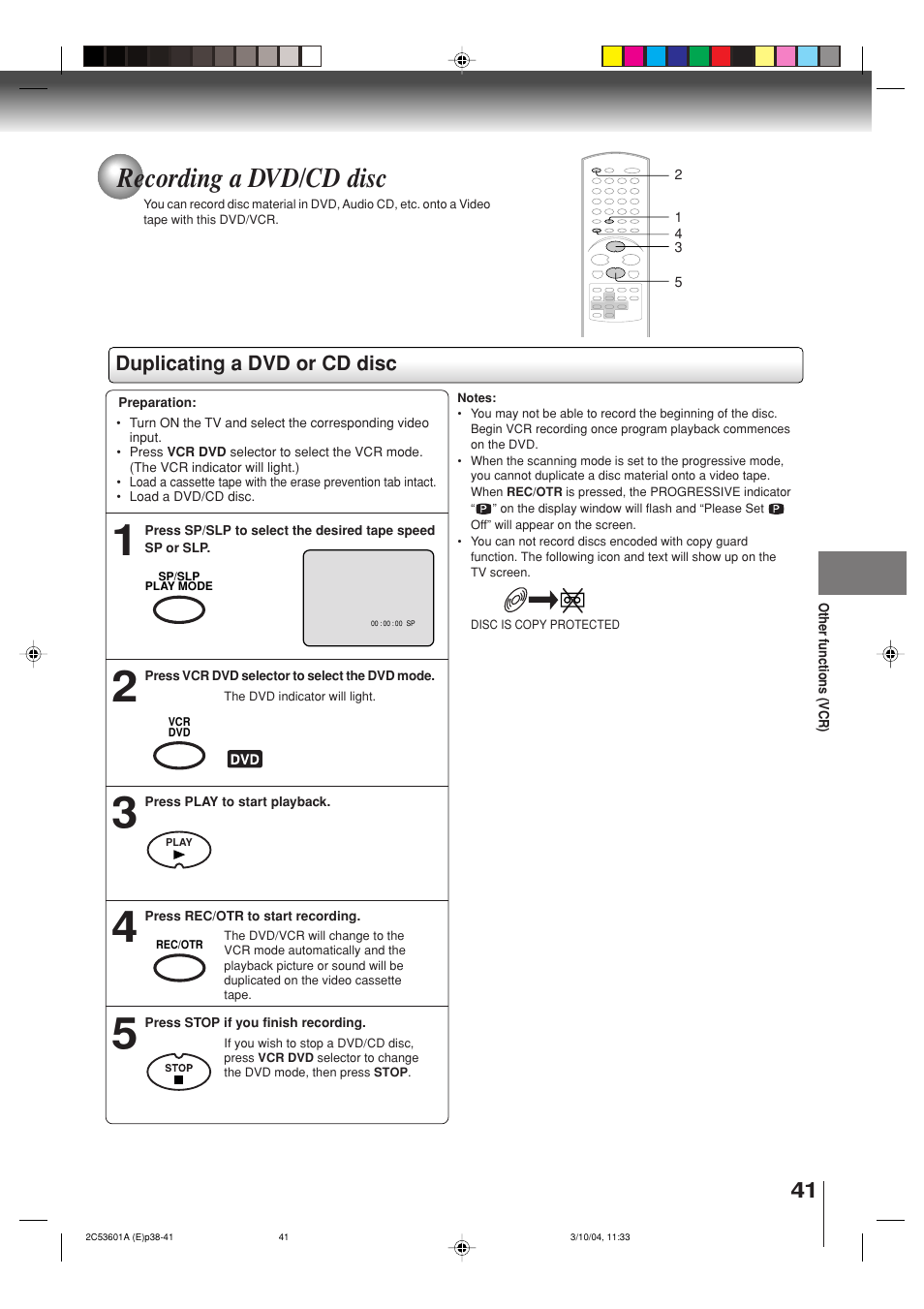 Recording a dvd/cd disc, Duplicating a dvd or cd disc | Toshiba SD-V396SU User Manual | Page 41 / 80
