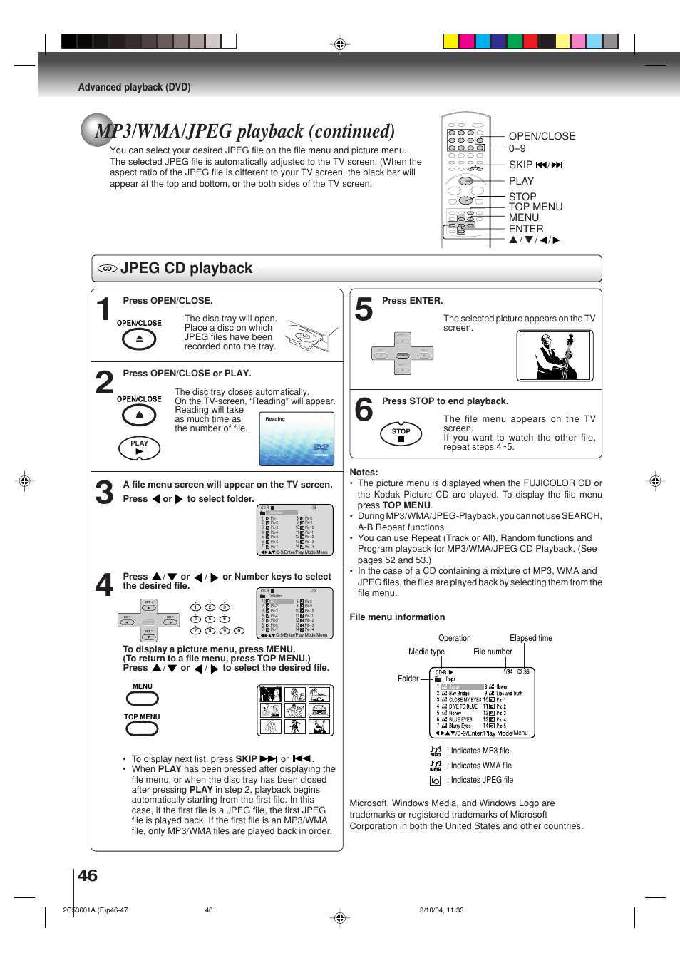 Mp3/wma/jpeg playback (continued), Jpeg cd playback | Toshiba SD-V396SU User Manual | Page 46 / 80