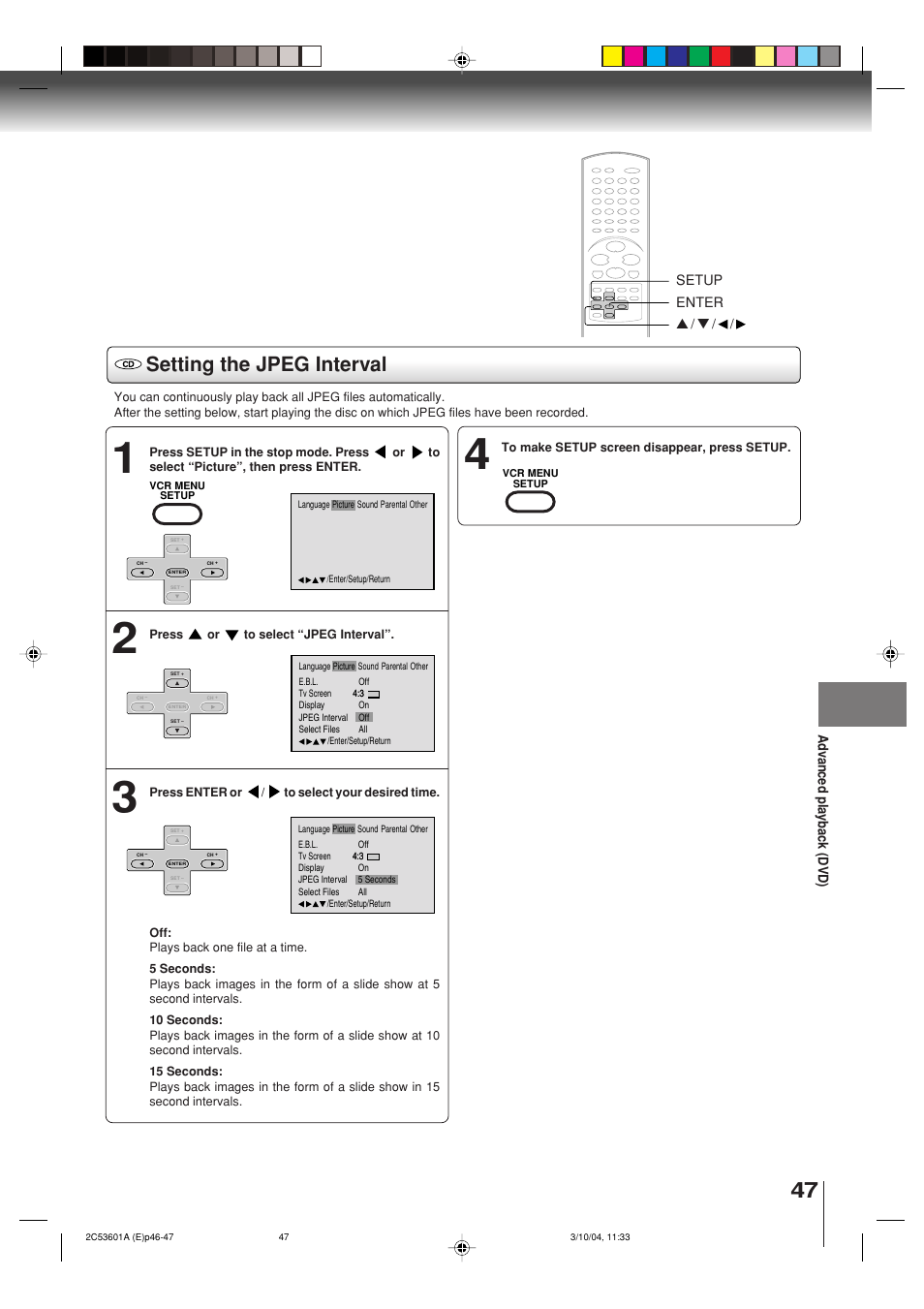 Setting the jpeg interval | Toshiba SD-V396SU User Manual | Page 47 / 80