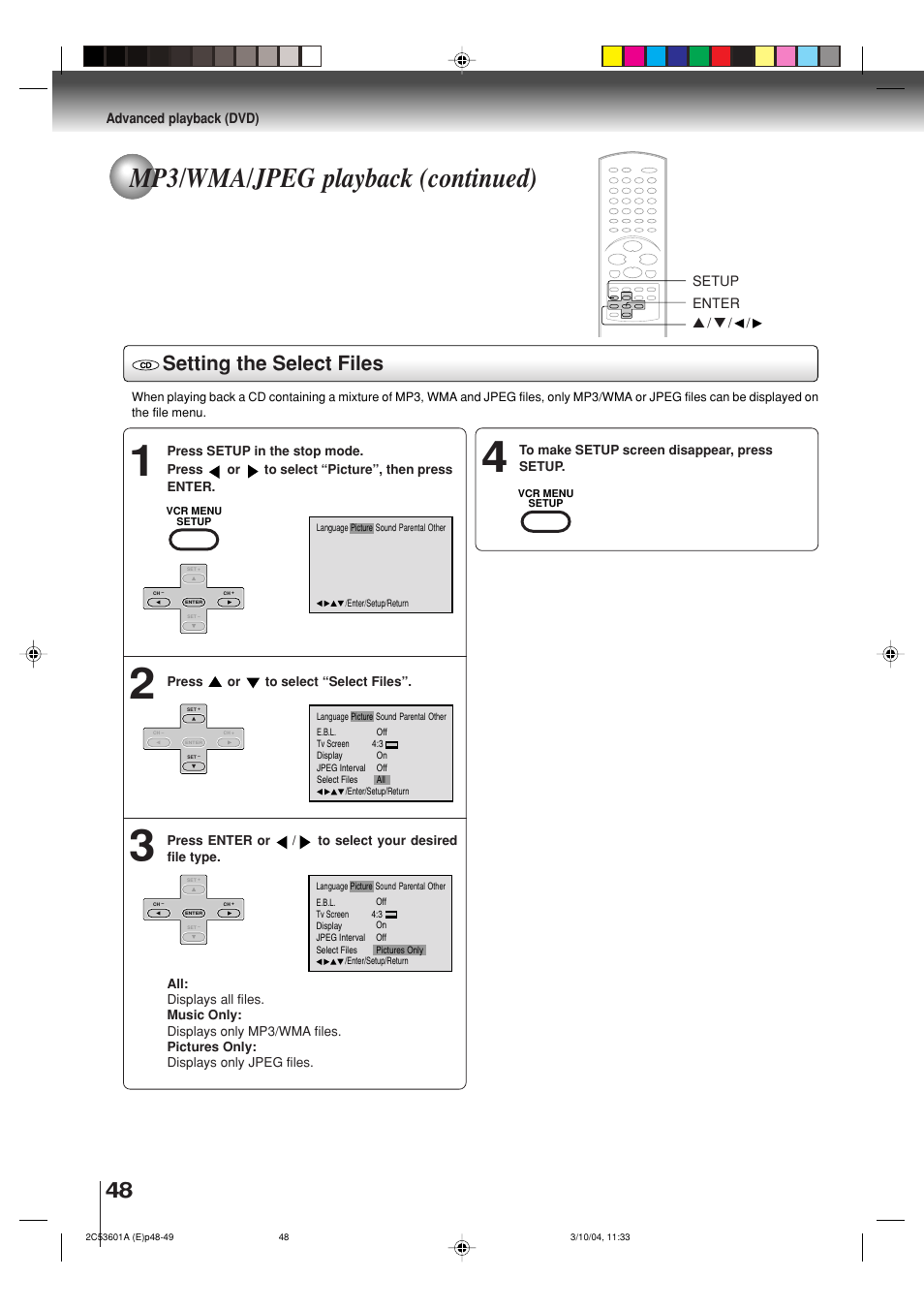 Mp3/wma/jpeg playback (continued), Setting the select files | Toshiba SD-V396SU User Manual | Page 48 / 80