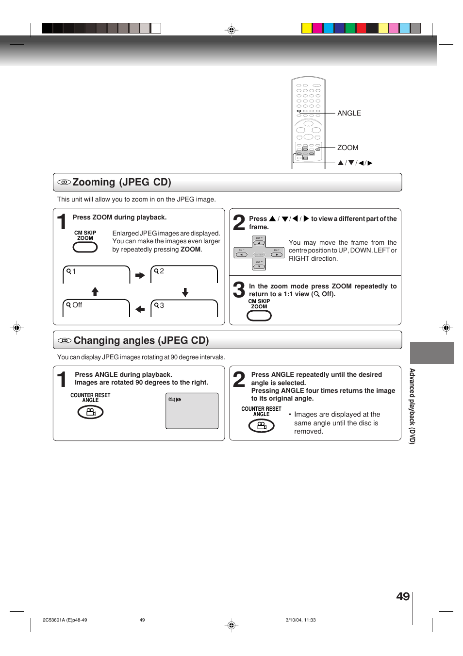 Zooming (jpeg cd), Changing angles (jpeg cd) | Toshiba SD-V396SU User Manual | Page 49 / 80