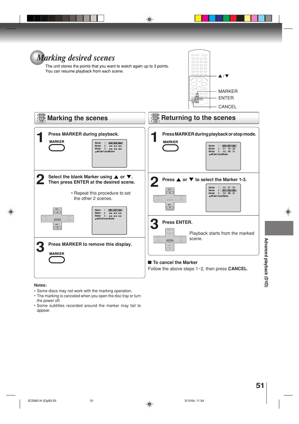 Marking desired scenes, Returning to the scenes, Marking the scenes | Toshiba SD-V396SU User Manual | Page 51 / 80