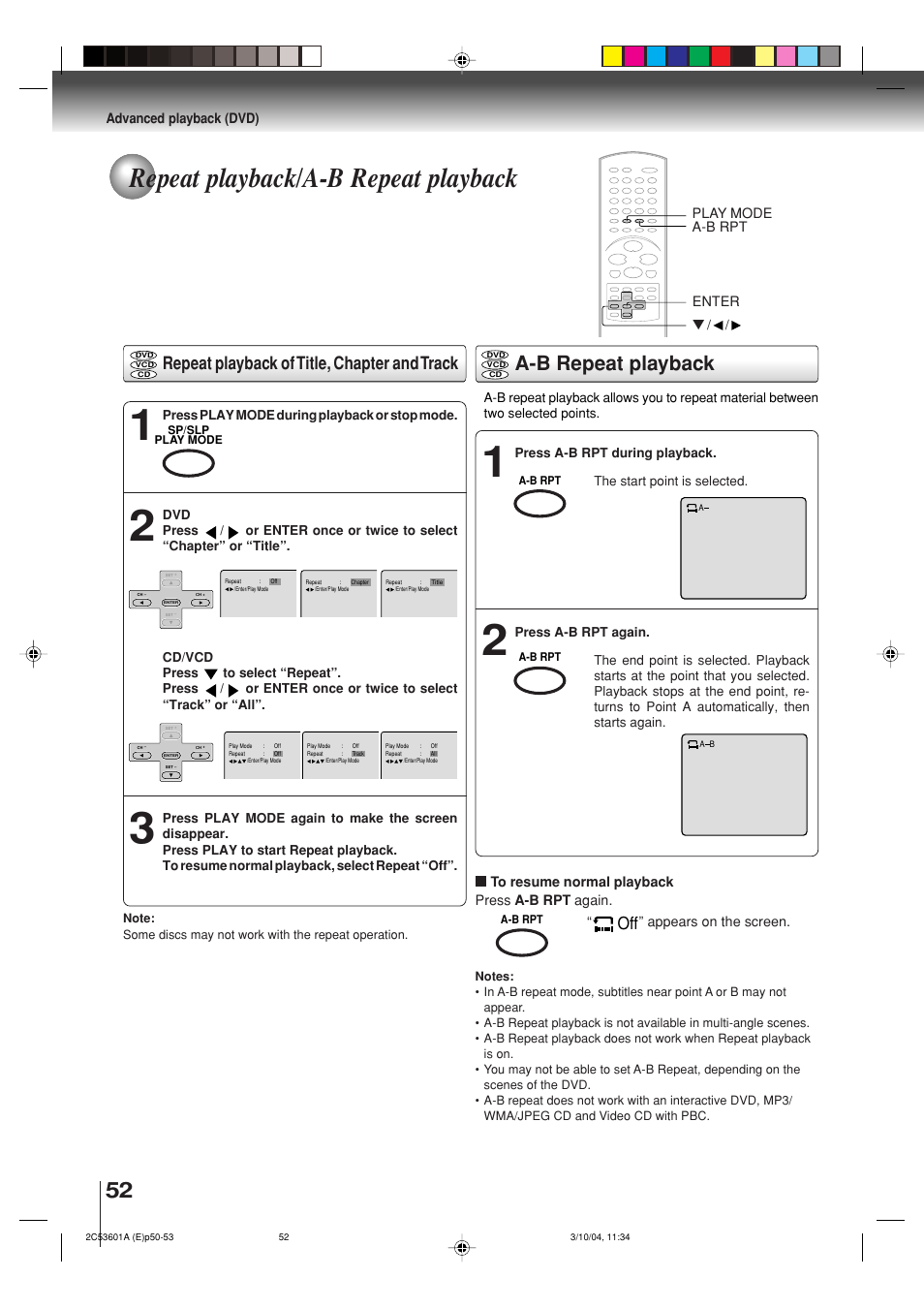 Repeat playback/a-b repeat playback, A-b repeat playback, Repeat playback of title, chapter and track | Toshiba SD-V396SU User Manual | Page 52 / 80