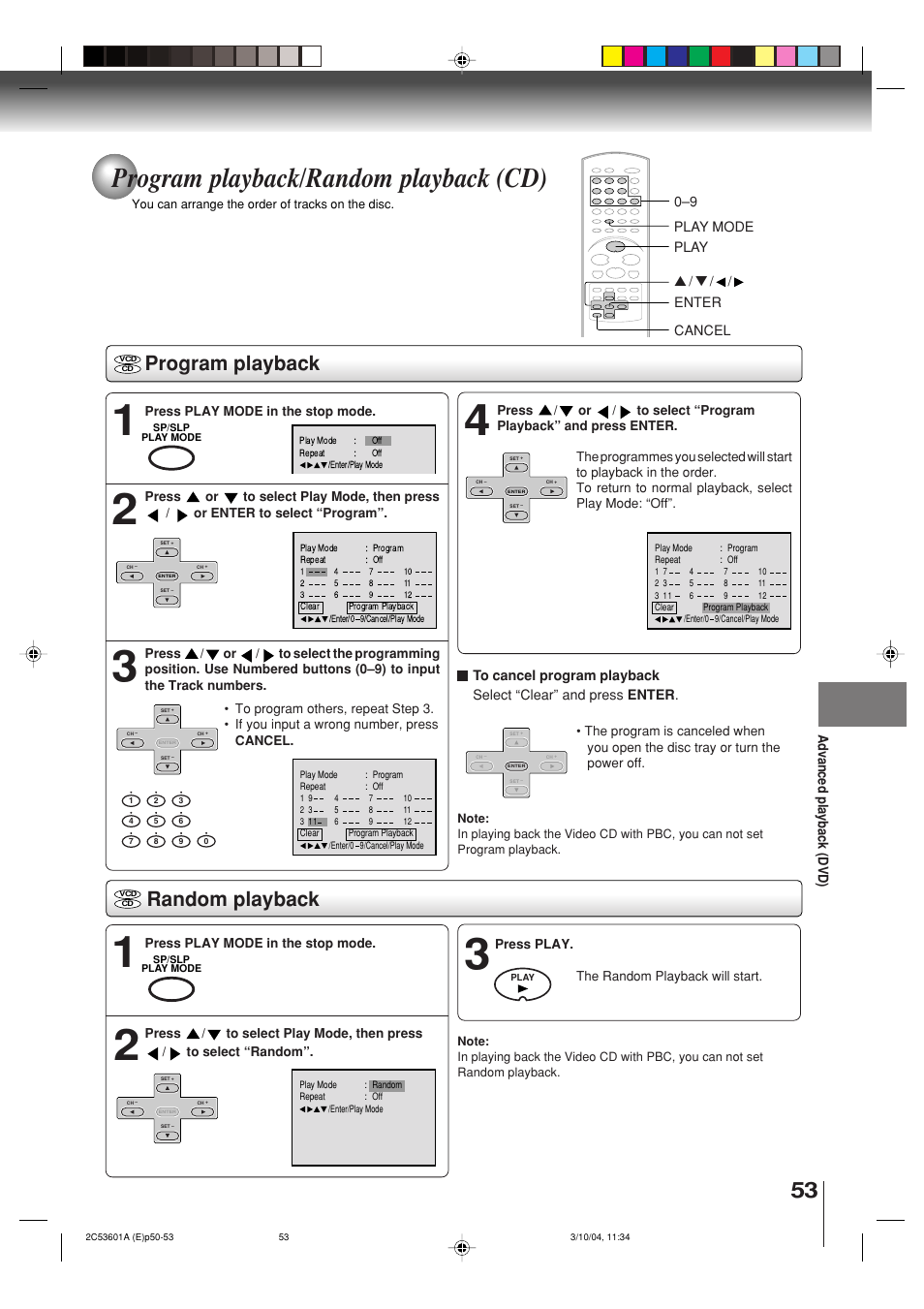 Program playback/random playback (cd), Program playback, Random playback | Toshiba SD-V396SU User Manual | Page 53 / 80