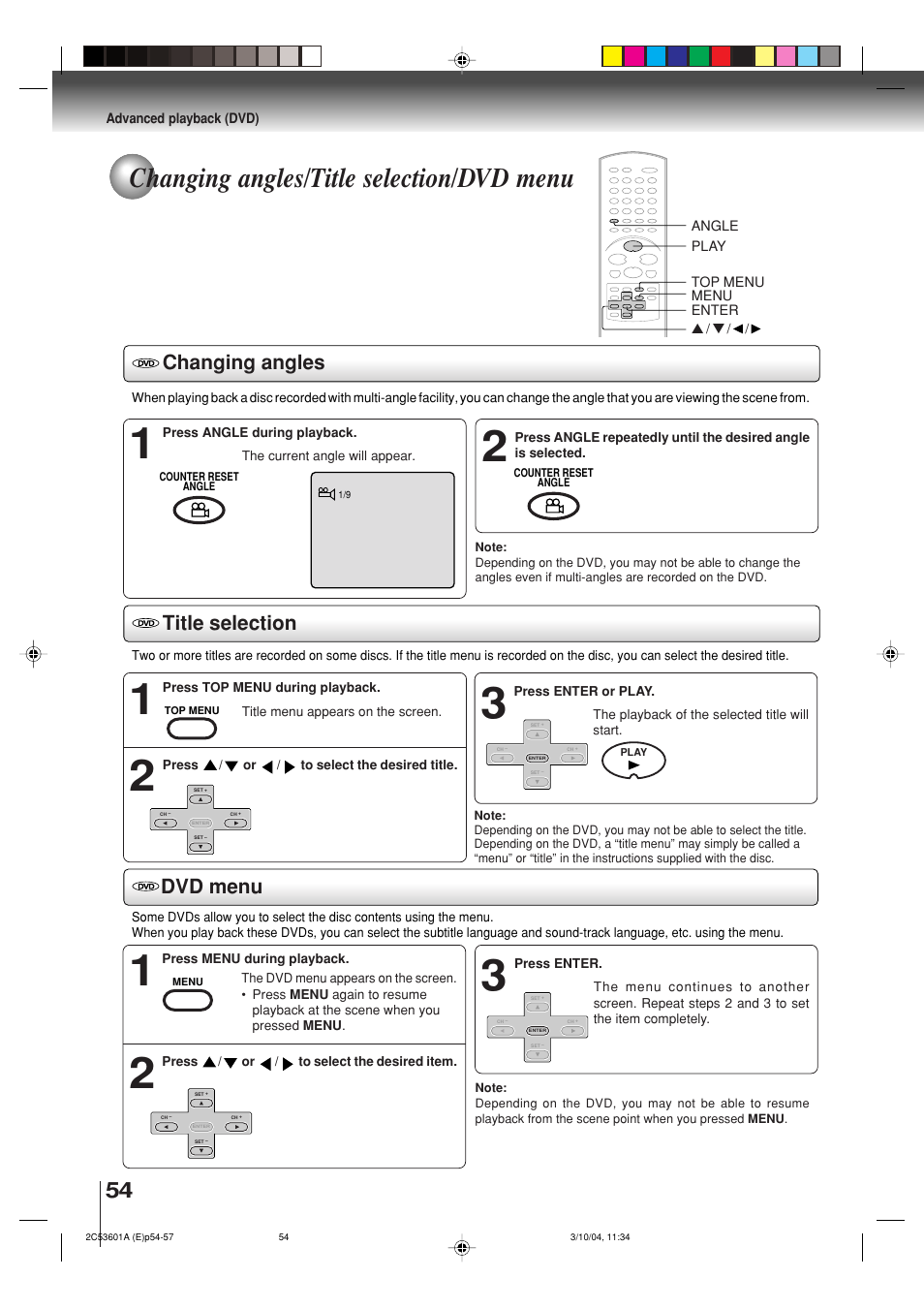 Changing angles/title selection/dvd menu, Changing angles, Title selection | Dvd menu | Toshiba SD-V396SU User Manual | Page 54 / 80