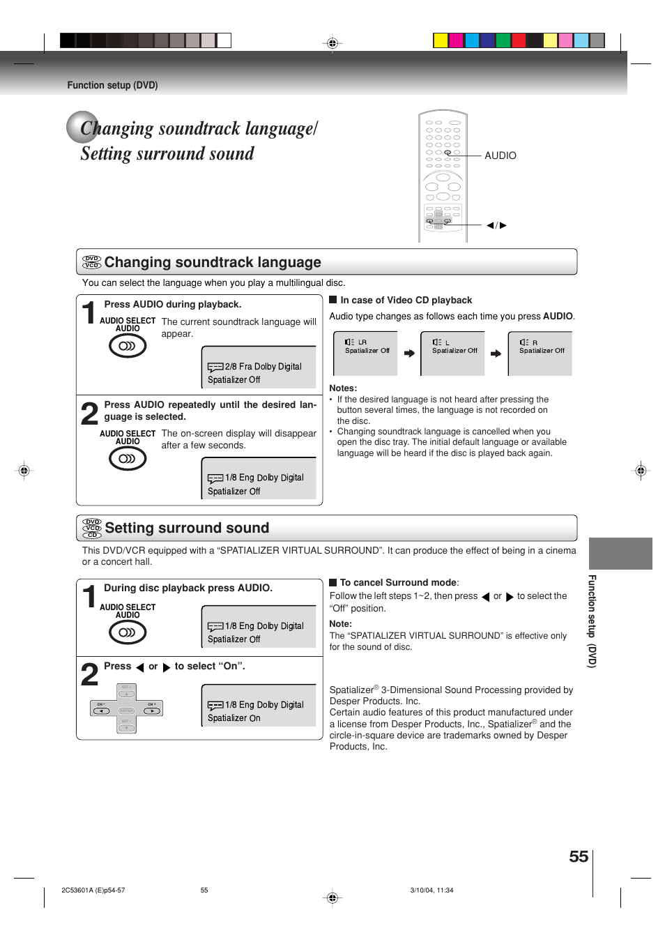 Changing soundtrack language, Setting surround sound | Toshiba SD-V396SU User Manual | Page 55 / 80