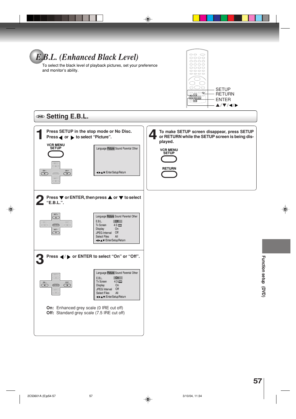 E.b.l. (enhanced black level), Setting e.b.l | Toshiba SD-V396SU User Manual | Page 57 / 80