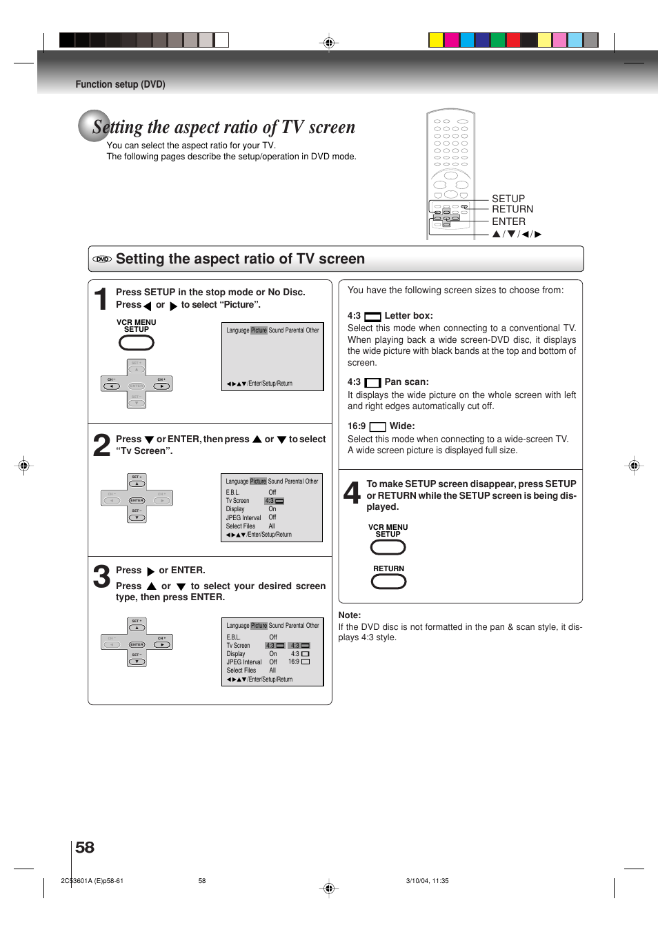 Setting the aspect ratio of tv screen | Toshiba SD-V396SU User Manual | Page 58 / 80