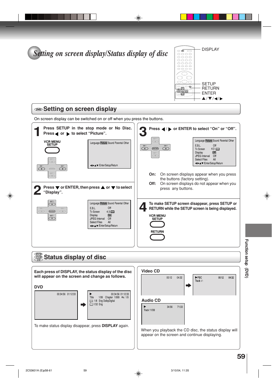 Setting on screen display/status display of disc, Setting on screen display, Status display of disc | Toshiba SD-V396SU User Manual | Page 59 / 80