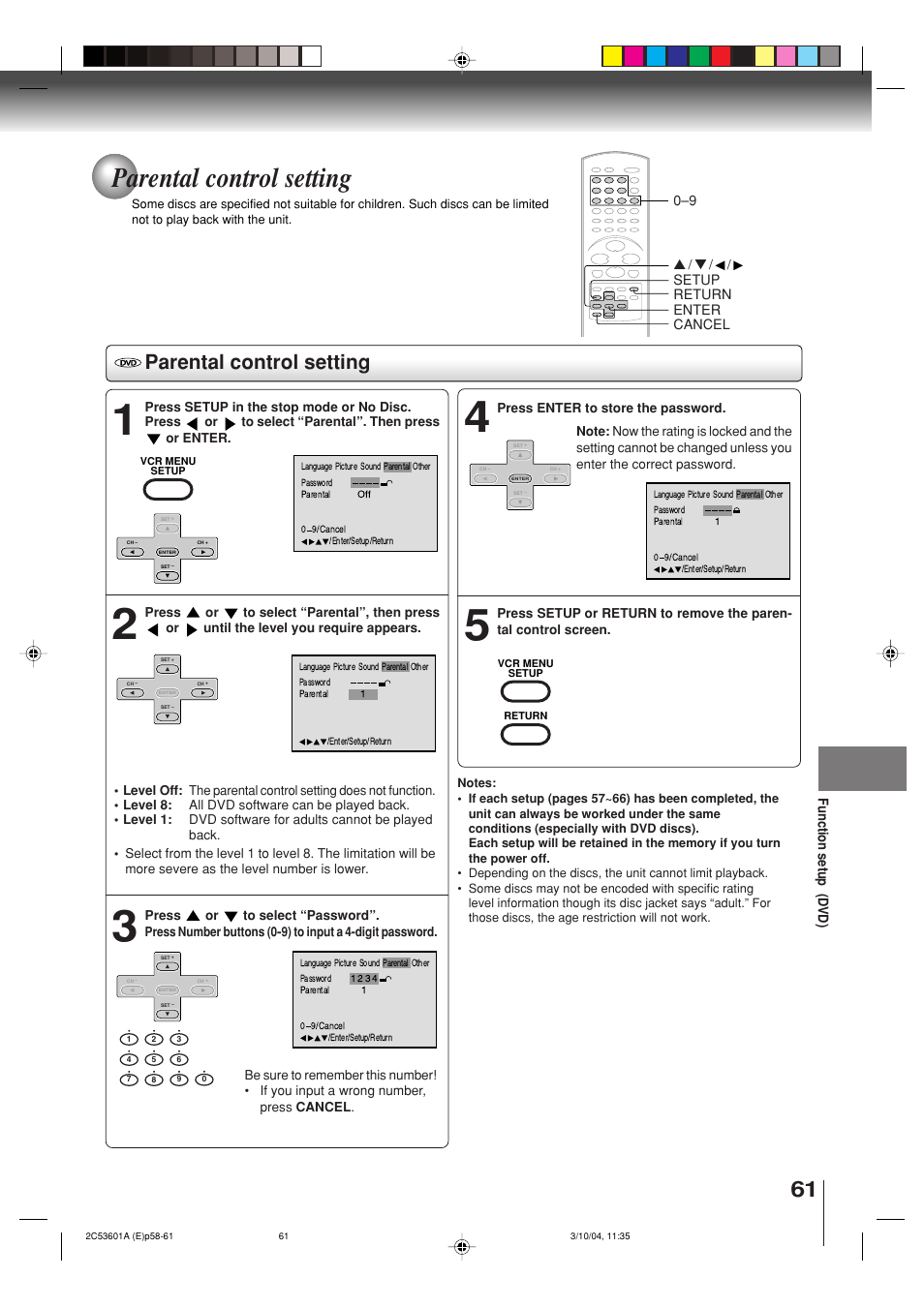 Parental control setting | Toshiba SD-V396SU User Manual | Page 61 / 80