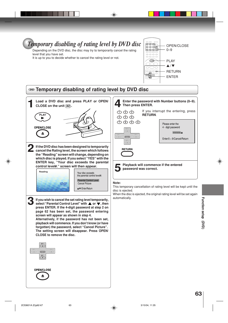 Temporary disabling of rating level by dvd disc | Toshiba SD-V396SU User Manual | Page 63 / 80