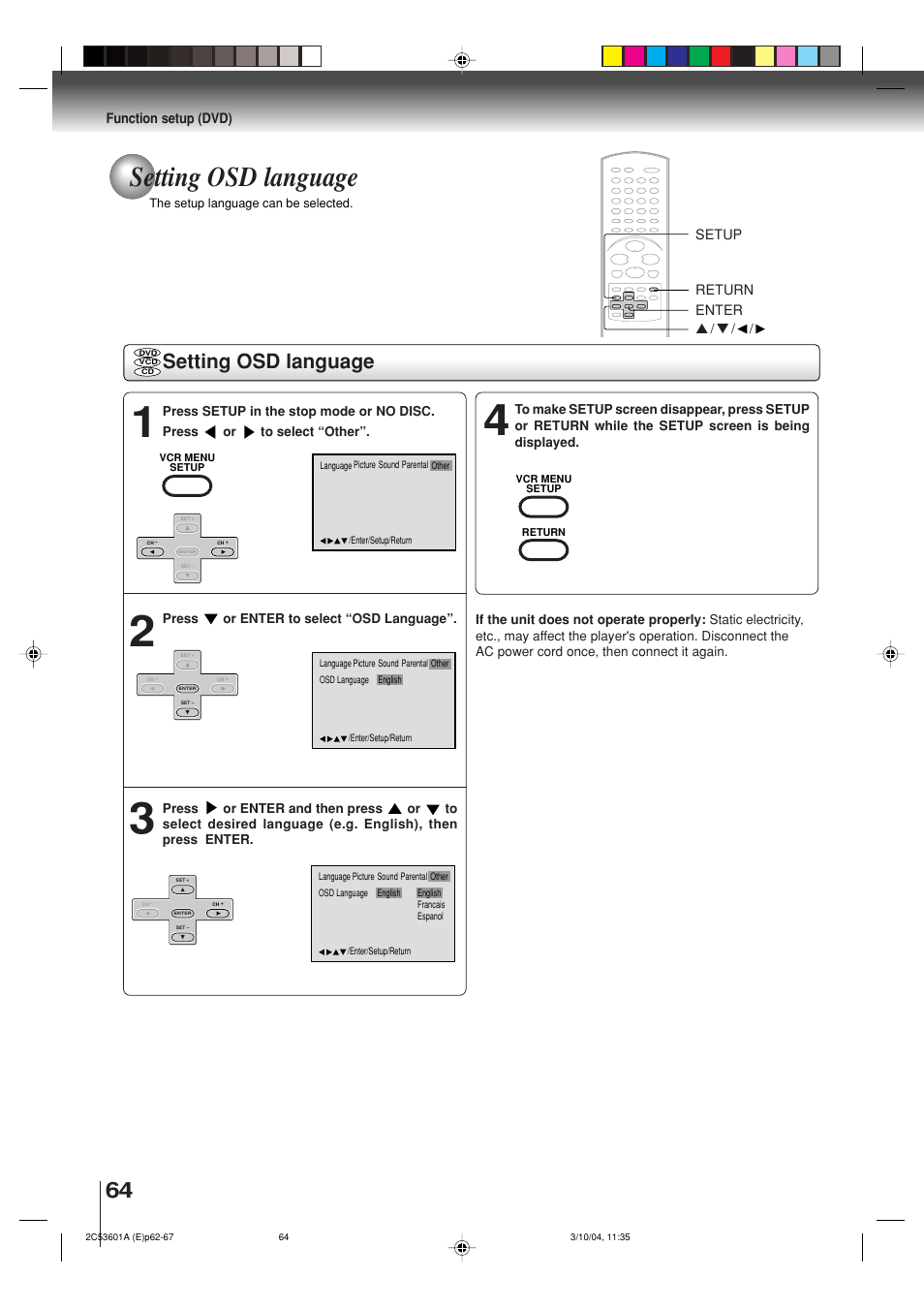 Setting osd language | Toshiba SD-V396SU User Manual | Page 64 / 80