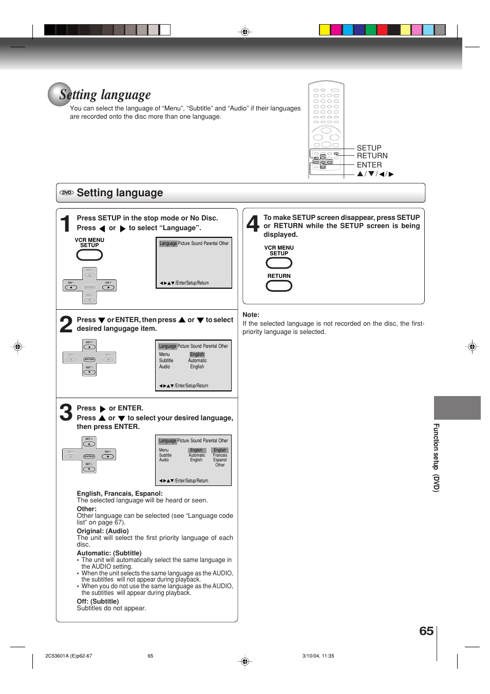 Setting language | Toshiba SD-V396SU User Manual | Page 65 / 80