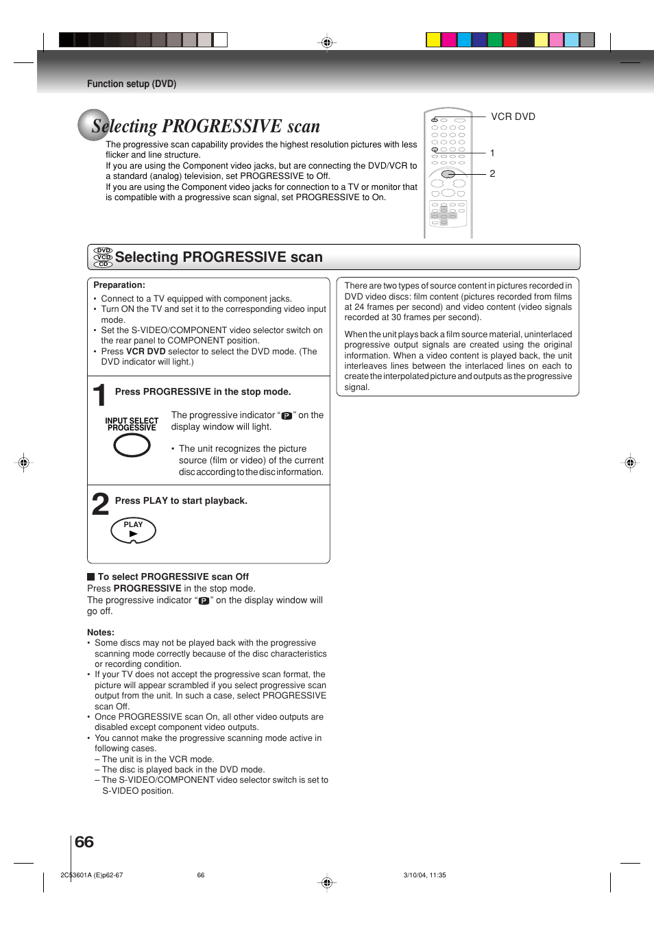 Selecting progressive scan | Toshiba SD-V396SU User Manual | Page 66 / 80