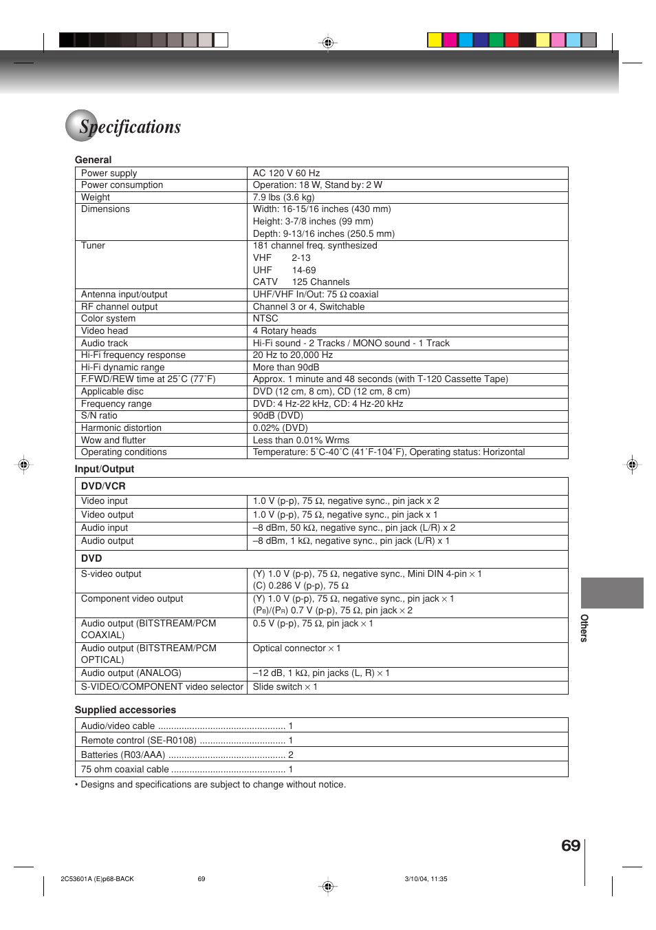 Specifications | Toshiba SD-V396SU User Manual | Page 69 / 80