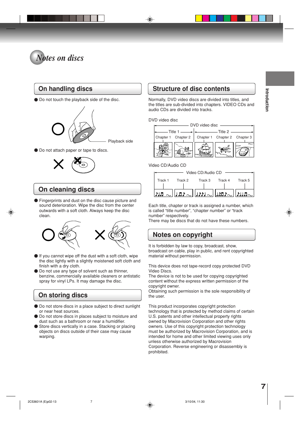 On handling discs, On cleaning discs, On storing discs | Structure of disc contents | Toshiba SD-V396SU User Manual | Page 7 / 80