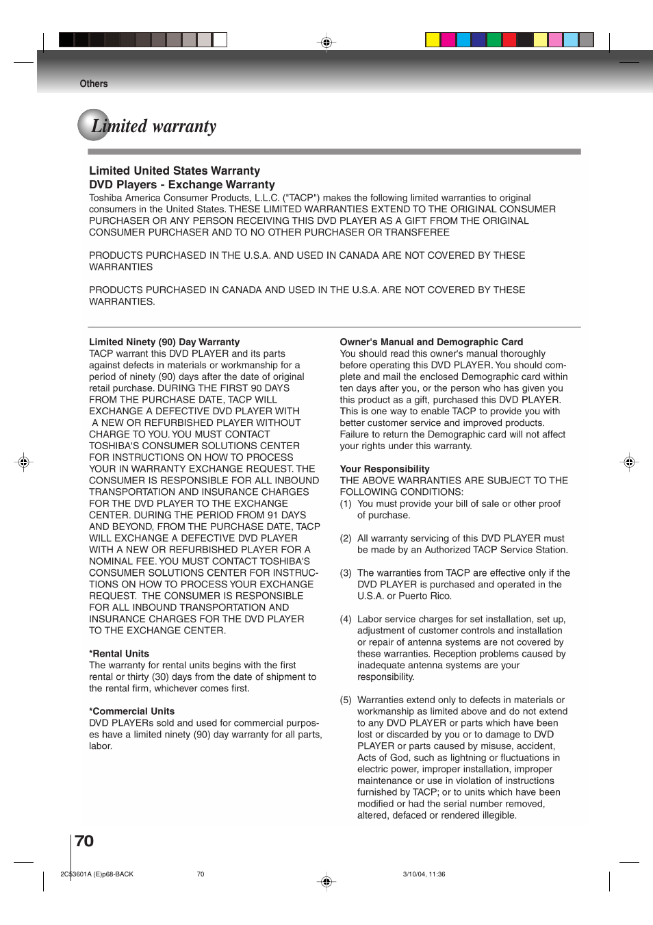 Limited warranty | Toshiba SD-V396SU User Manual | Page 70 / 80