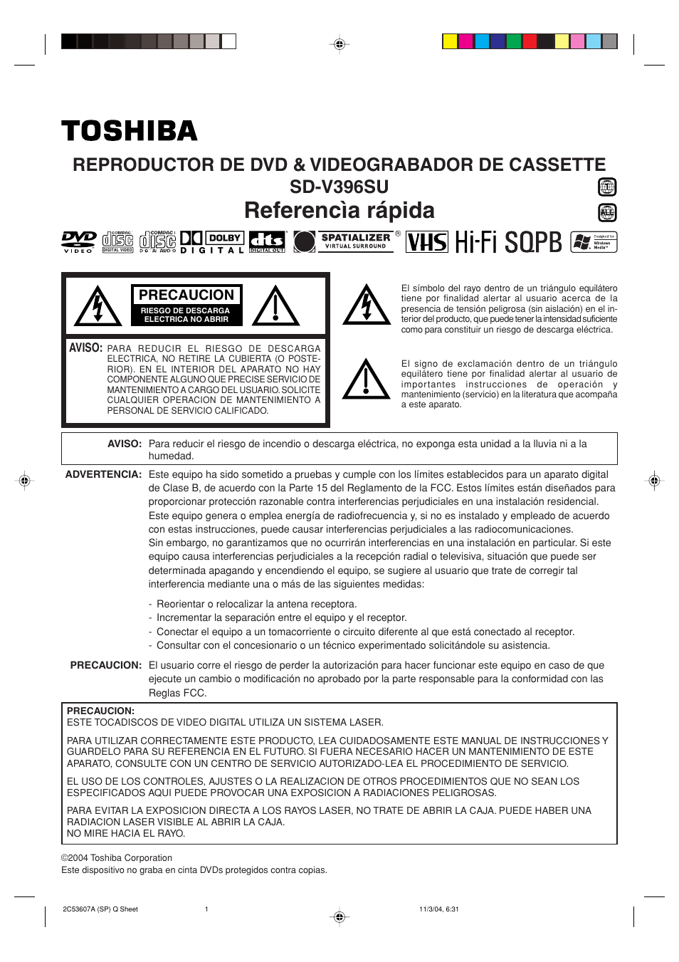 Referencìa rápida, Precaucion | Toshiba SD-V396SU User Manual | Page 73 / 80