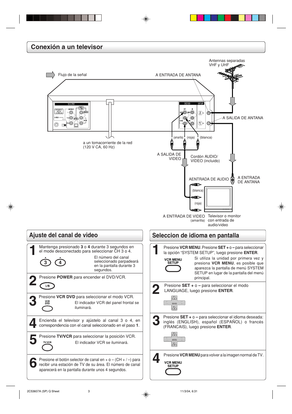 Conexión a un televisor, Seleccion de idioma en pantalla, Ajuste del canal de video | Toshiba SD-V396SU User Manual | Page 75 / 80