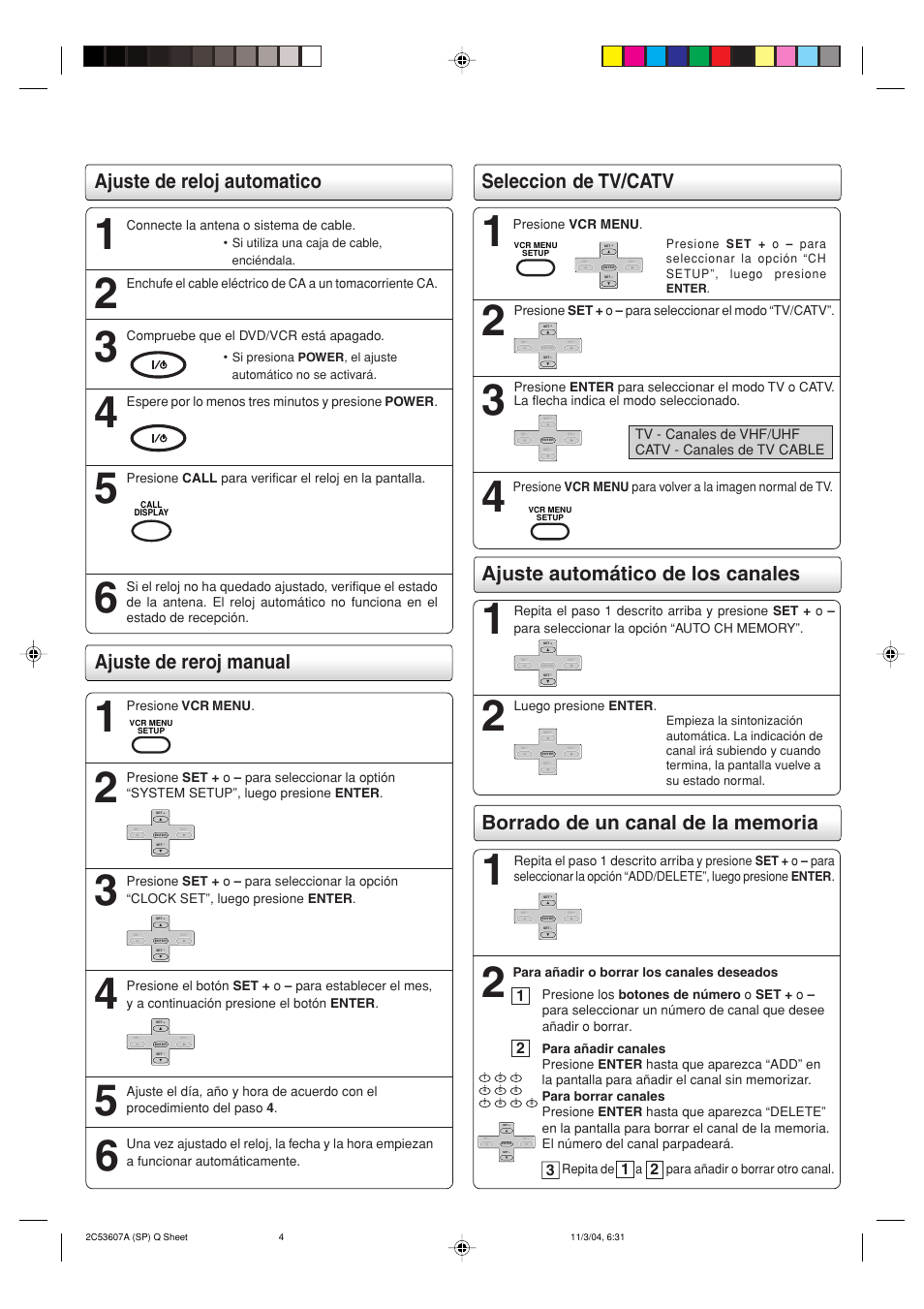Ajuste de reloj automatico ajuste de reroj manual, Seleccion de tv/catv, Ajuste automático de los canales | Toshiba SD-V396SU User Manual | Page 76 / 80