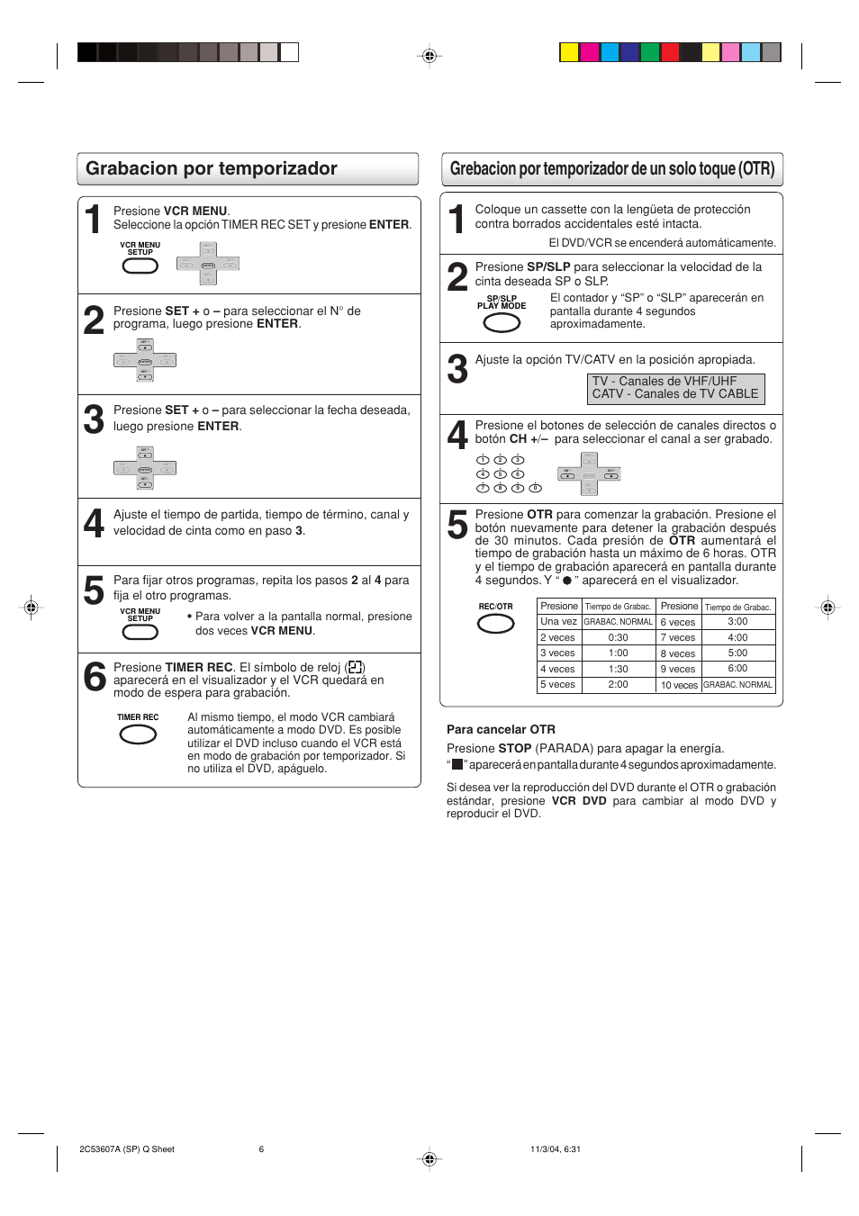 Grabacion por temporizador, Grebacion por temporizador de un solo toque (otr) | Toshiba SD-V396SU User Manual | Page 78 / 80