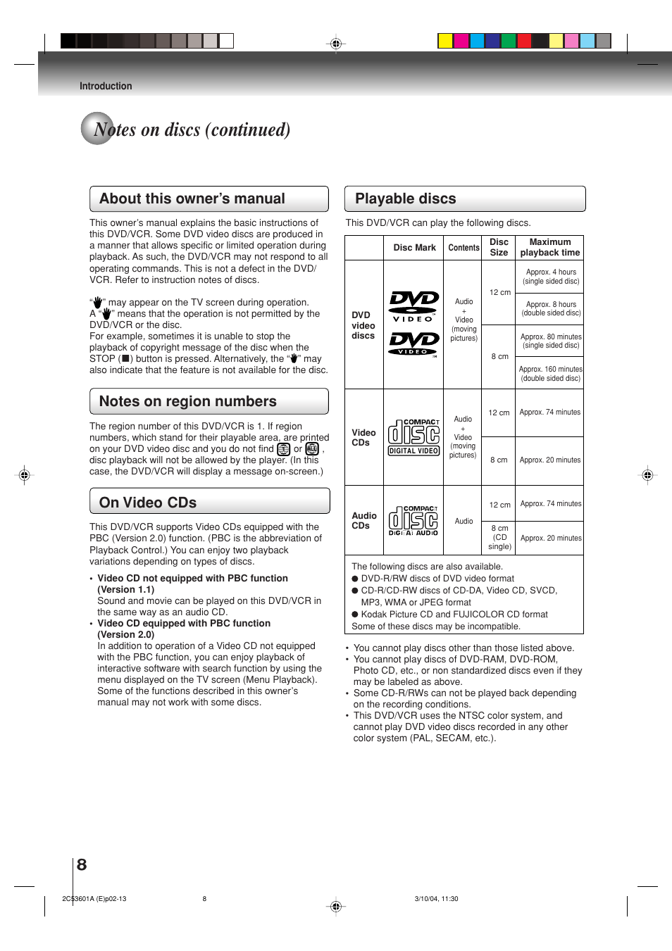 About this owner’s manual, On video cds, Playable discs | Toshiba SD-V396SU User Manual | Page 8 / 80