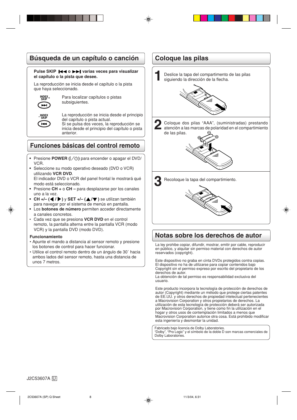 Coloque las pilas, Funciones básicas del control remoto | Toshiba SD-V396SU User Manual | Page 80 / 80