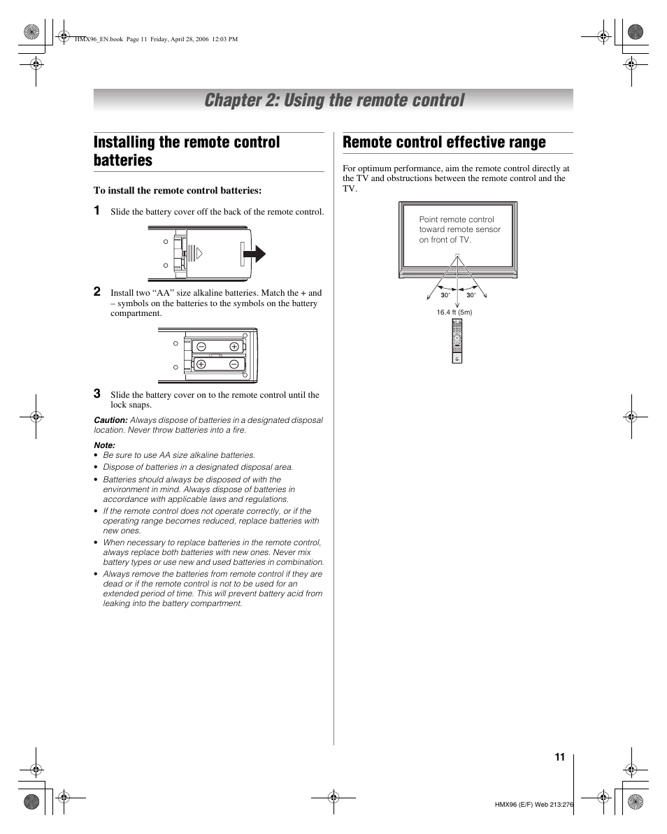 Chapter 2: using the remote control, Installing the remote control batteries, Remote control effective range | Toshiba 56HMX96 User Manual | Page 11 / 90