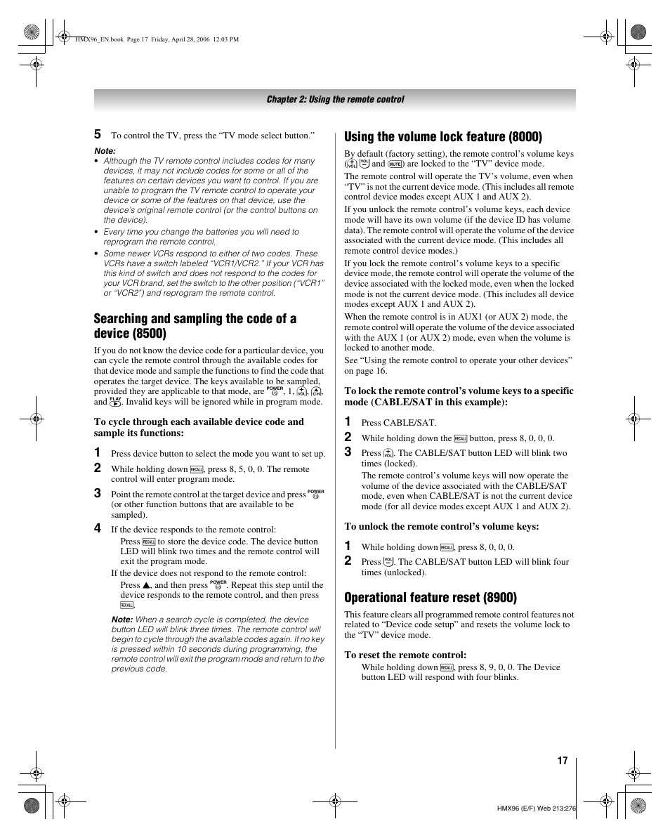 Searching and sampling the code of a device (8500), Using the volume lock feature (8000), Operational feature reset (8900) | Toshiba 56HMX96 User Manual | Page 17 / 90