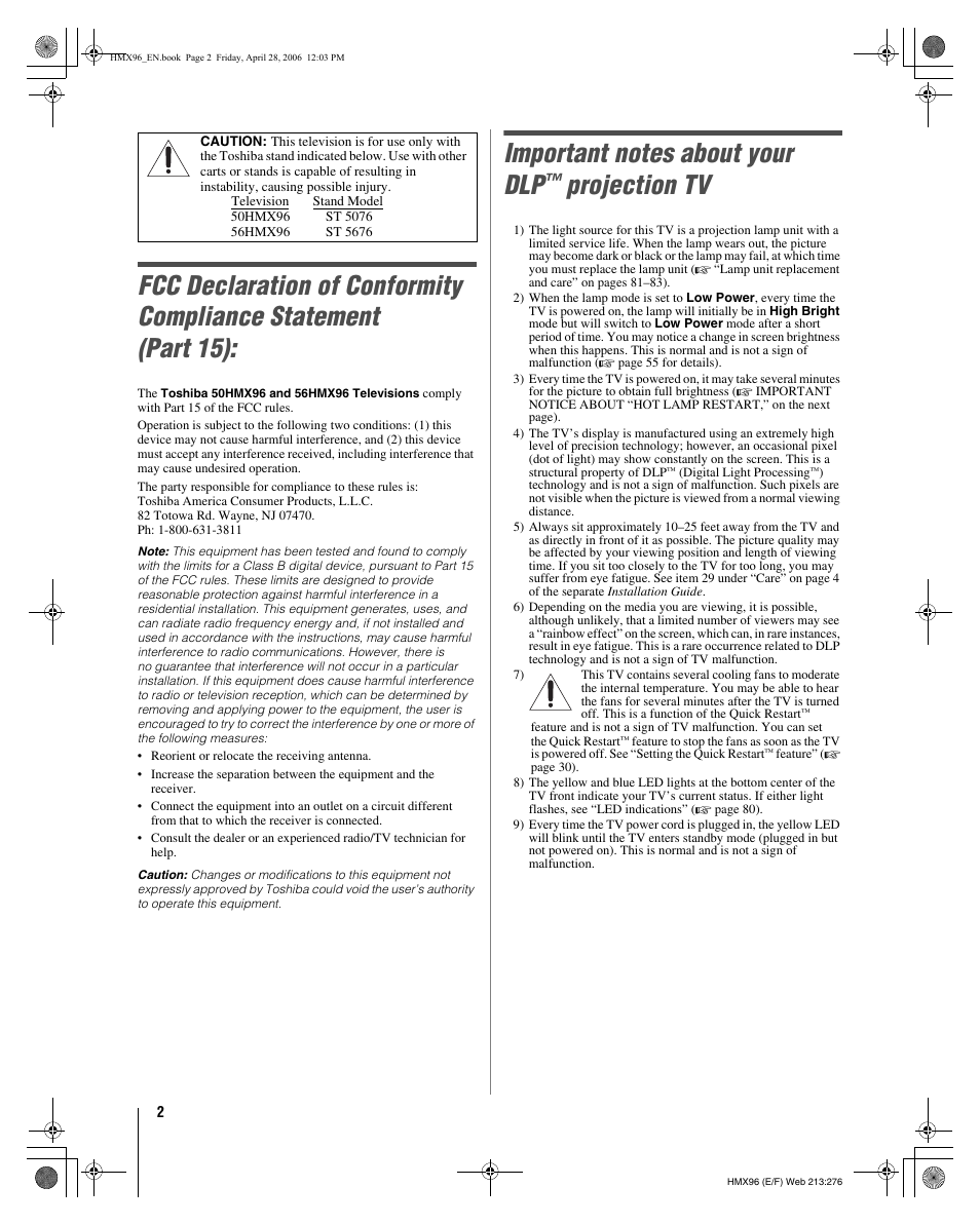 Projection tv | Toshiba 56HMX96 User Manual | Page 2 / 90