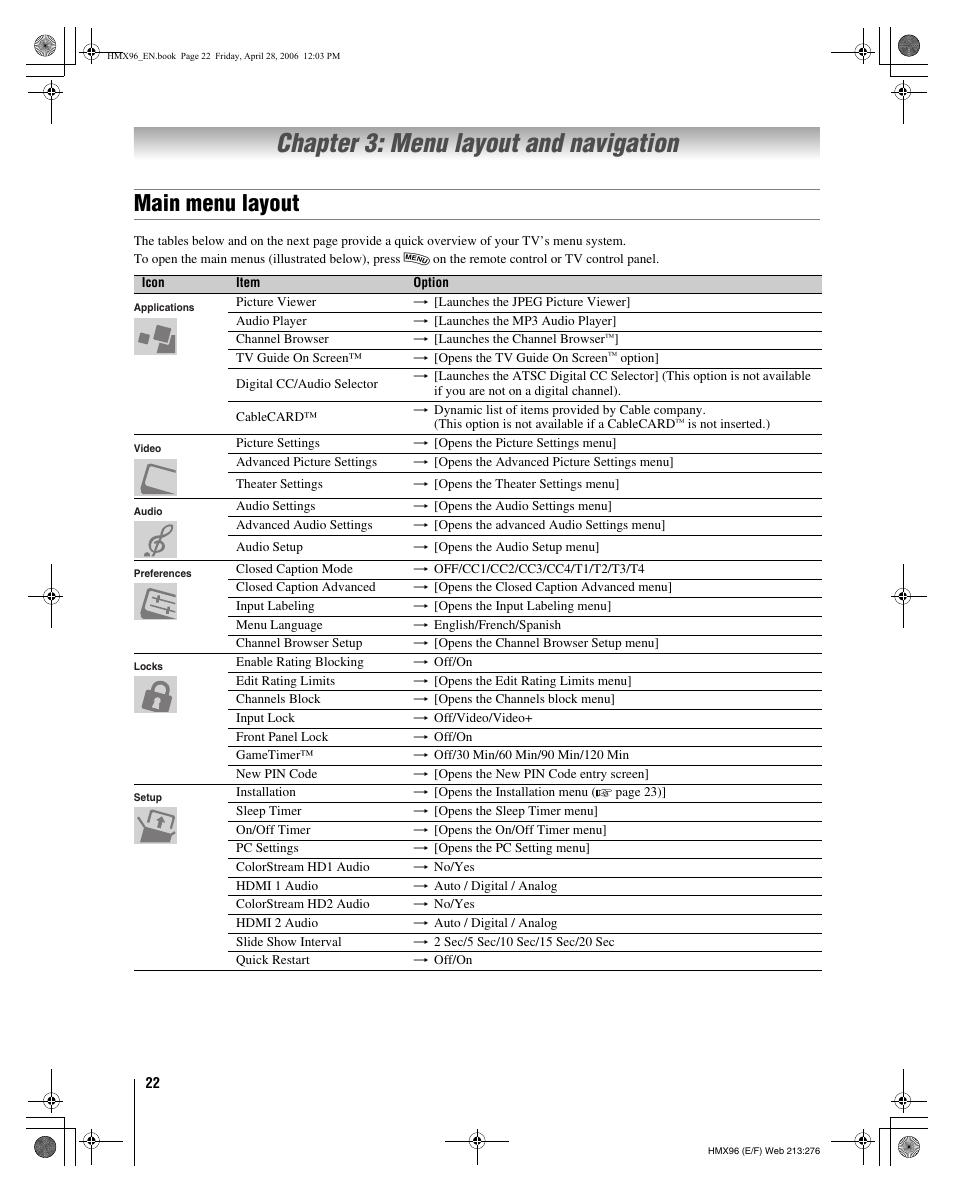 Chapter 3: menu layout and navigation, Main menu layout | Toshiba 56HMX96 User Manual | Page 22 / 90