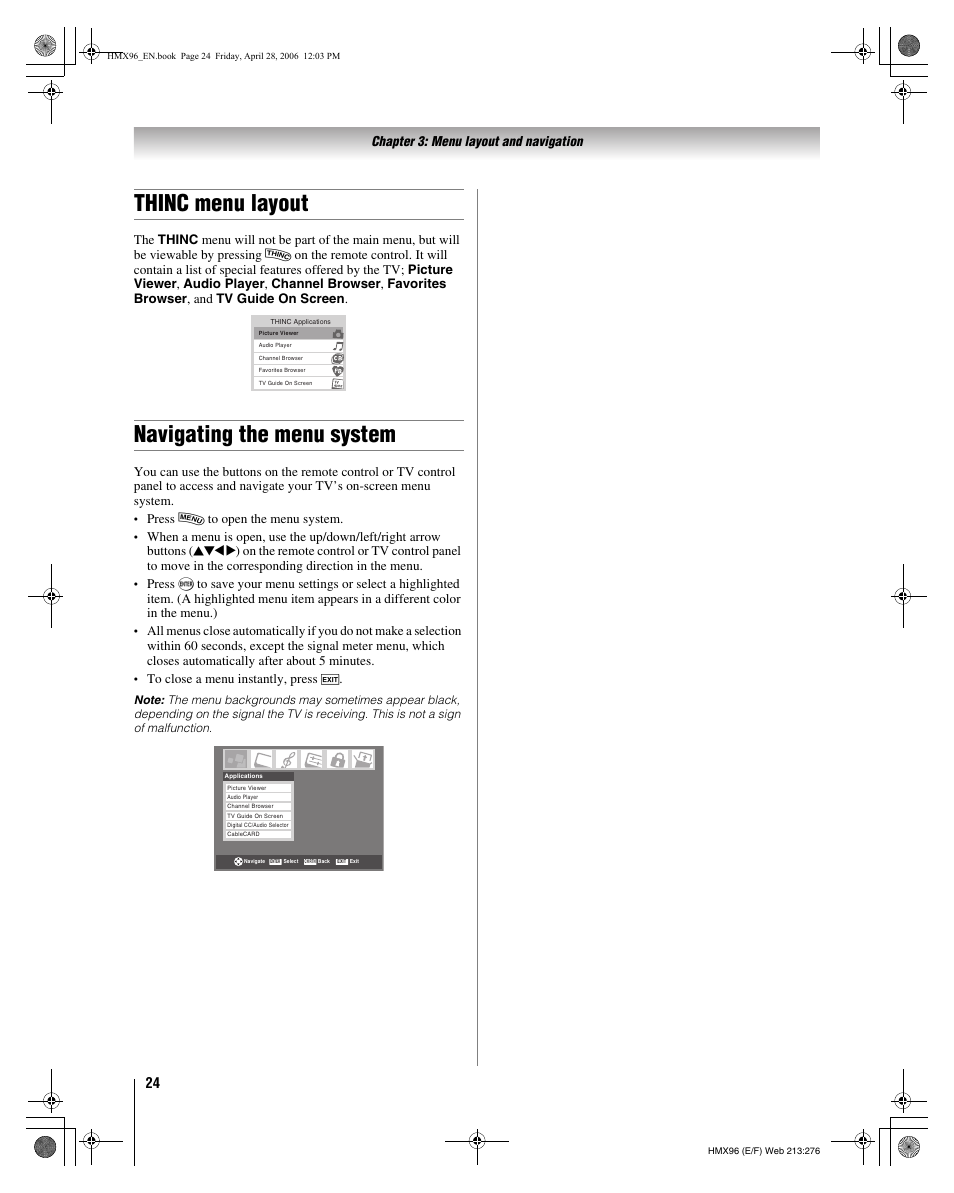 Thinc menu layout, Navigating the menu system, Chapter 3: menu layout and navigation | Press y to open the menu system | Toshiba 56HMX96 User Manual | Page 24 / 90