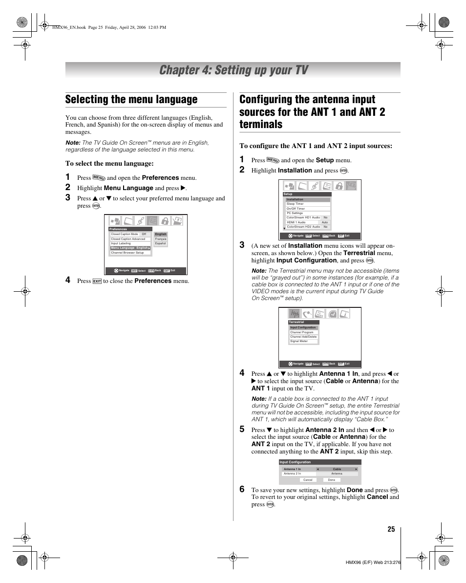 Chapter 4: setting up your tv, Selecting the menu language, Press y and open the preferences menu | Highlight menu language and press c, Press o to close the preferences menu, Press y and open the setup menu, Highlight installation and press t | Toshiba 56HMX96 User Manual | Page 25 / 90