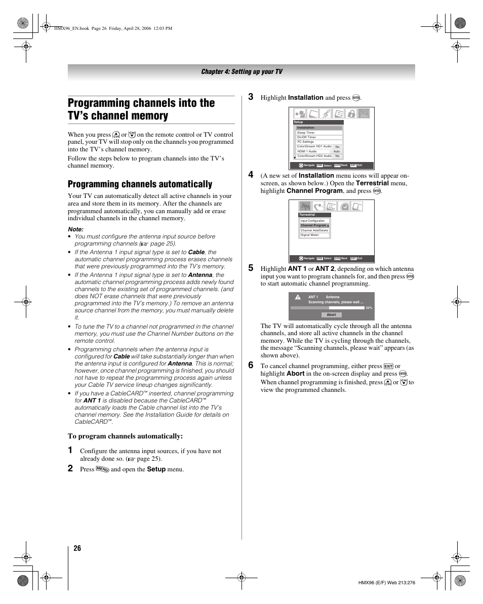 Programming channels automatically | Toshiba 56HMX96 User Manual | Page 26 / 90