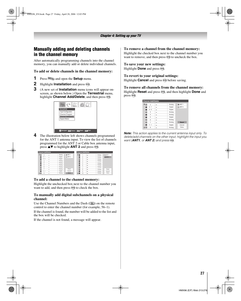 Chapter 4: setting up your tv, Press y and open the setup menu, Highlight installation and press t | Highlight done and press t, Highlight cancel and press t before saving | Toshiba 56HMX96 User Manual | Page 27 / 90
