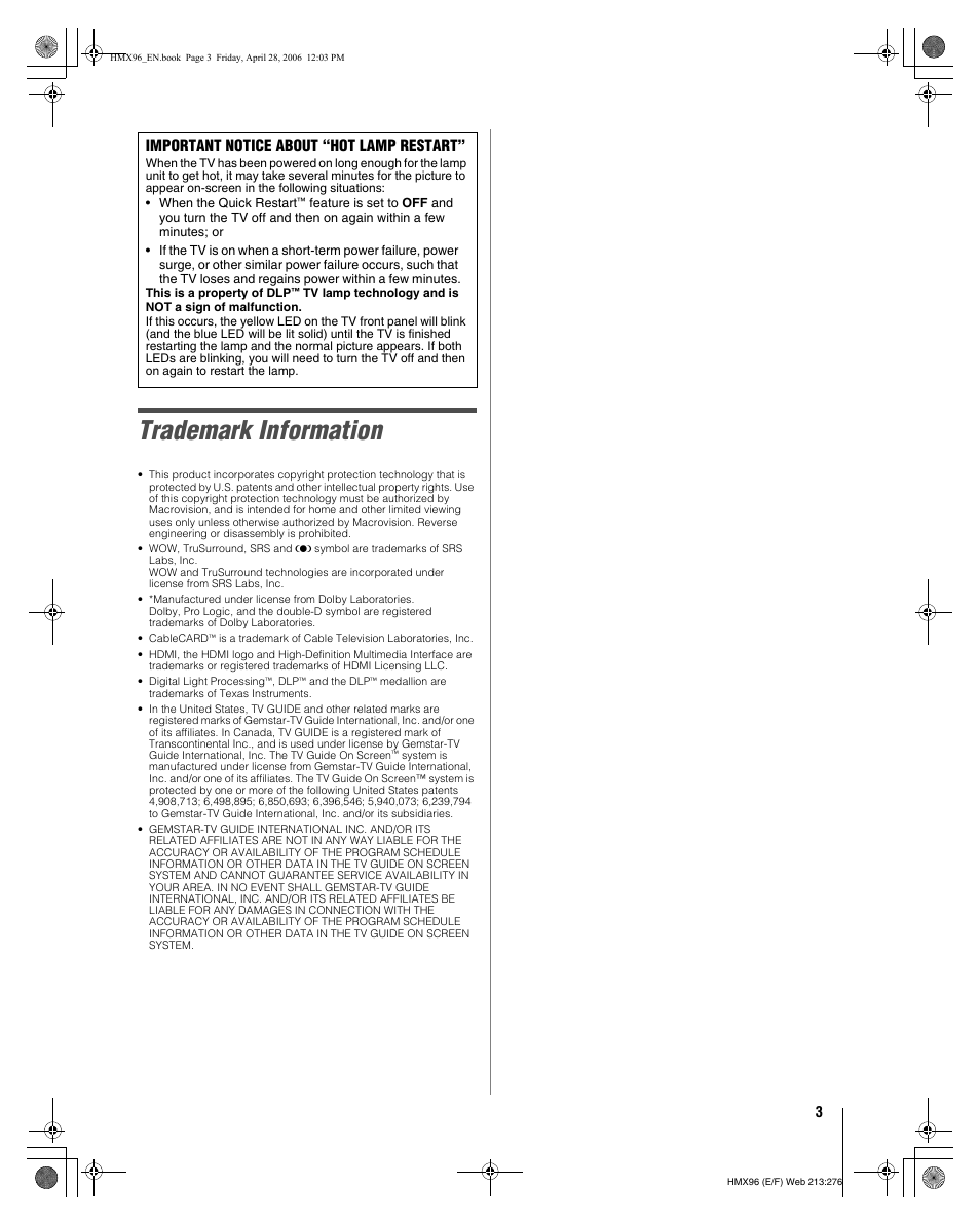 Trademark information, Important notice about “hot lamp restart | Toshiba 56HMX96 User Manual | Page 3 / 90