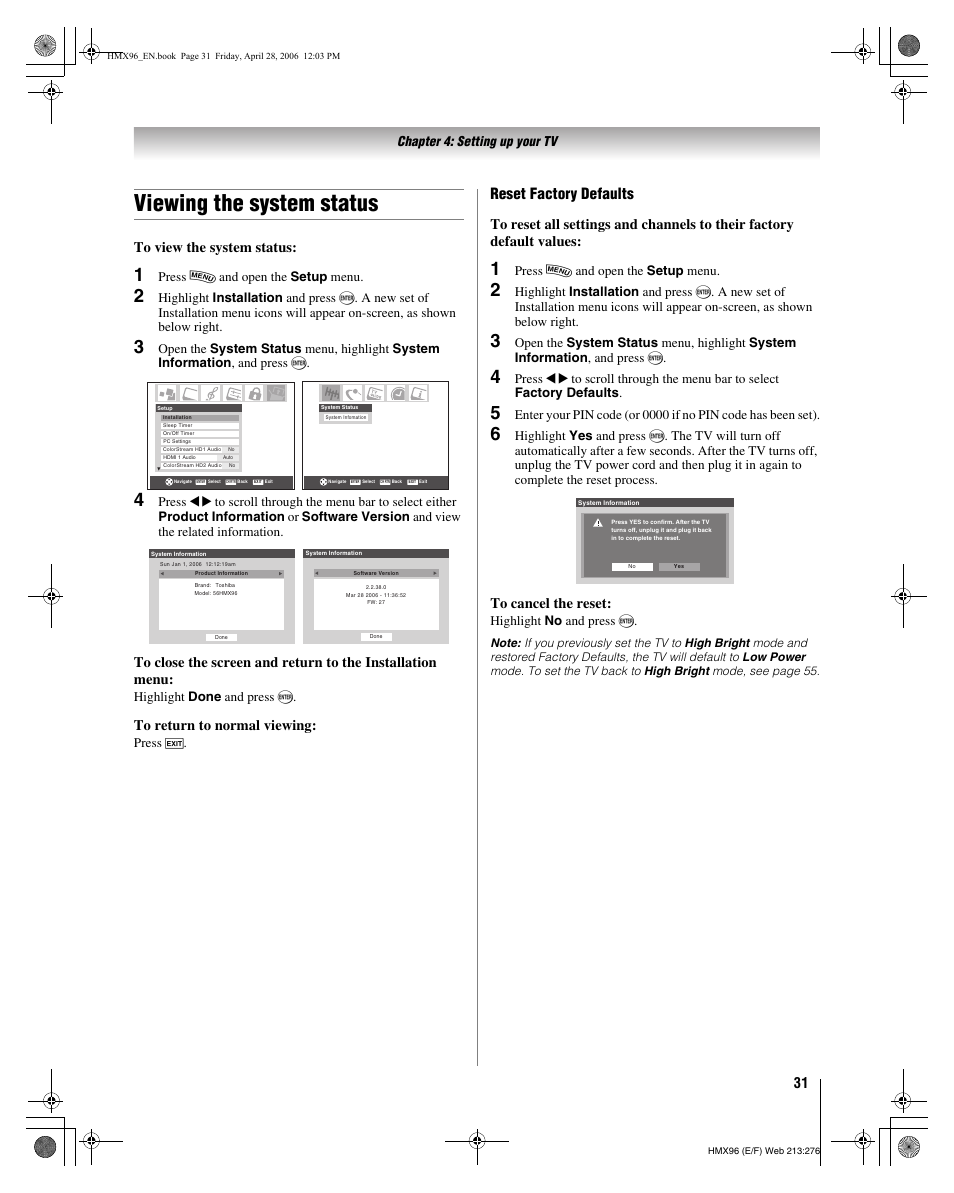 Viewing the system status, Reset factory defaults | Toshiba 56HMX96 User Manual | Page 31 / 90