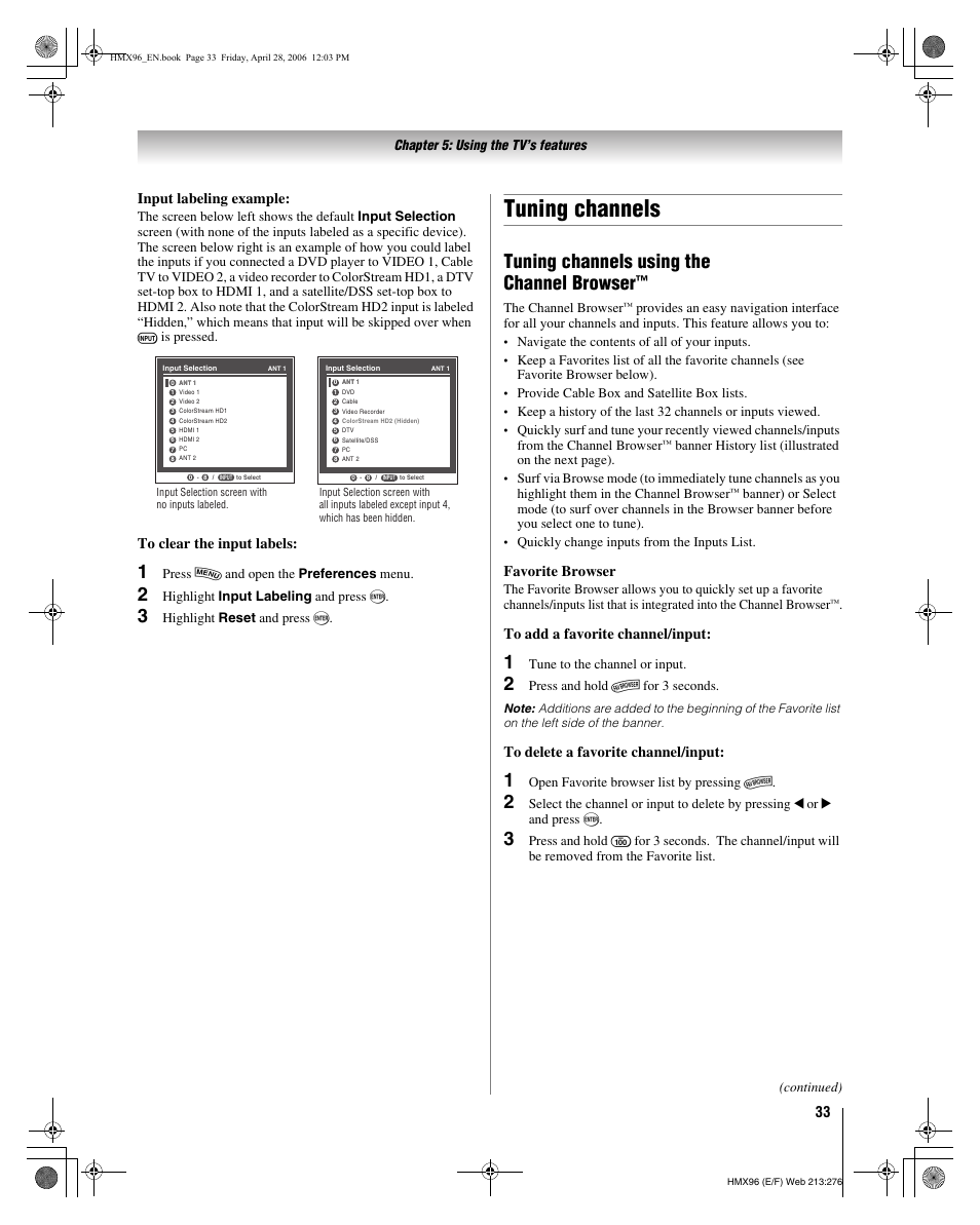 Tuning channels, Tuning channels using the channel browser, Input labeling example | Favorite browser | Toshiba 56HMX96 User Manual | Page 33 / 90