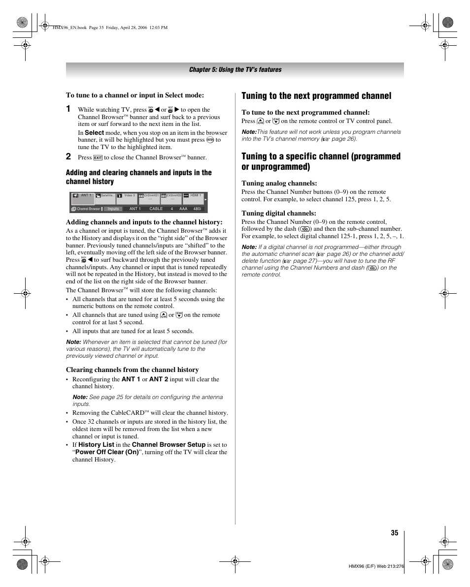 Tuning to the next programmed channel | Toshiba 56HMX96 User Manual | Page 35 / 90