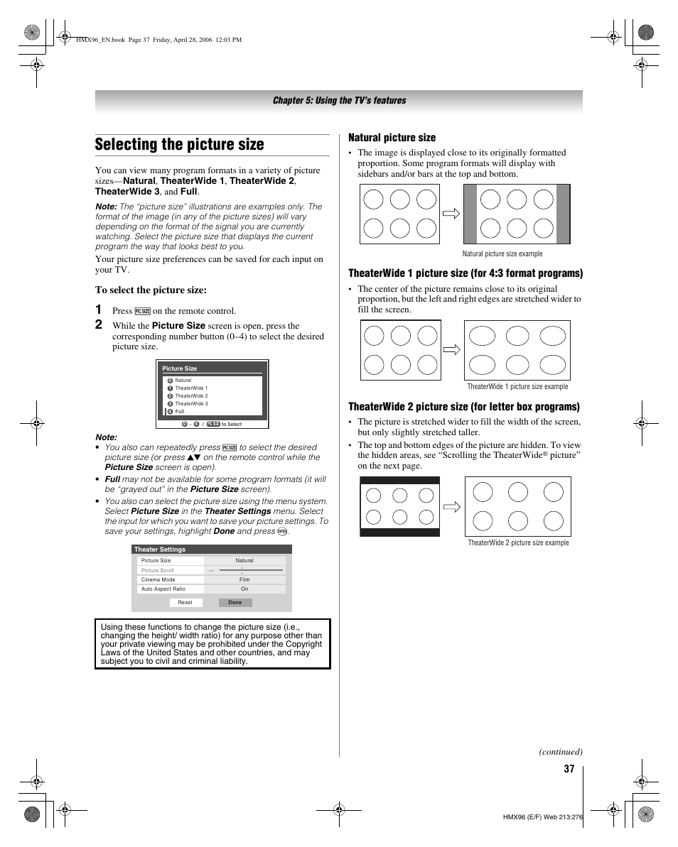 Selecting the picture size, Natural picture size | Toshiba 56HMX96 User Manual | Page 37 / 90
