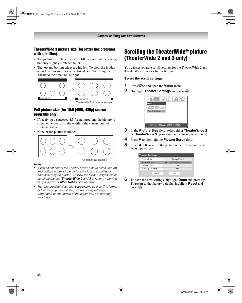 Scrolling the theaterwide, Picture (theaterwide 2 and 3 only) | Toshiba 56HMX96 User Manual | Page 38 / 90