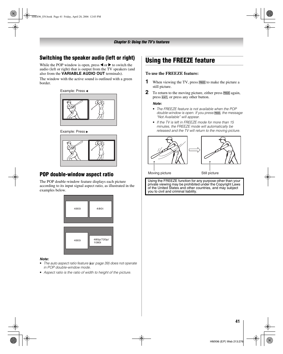 Using the freeze feature, Switching the speaker audio (left or right), Pop double-window aspect ratio | Toshiba 56HMX96 User Manual | Page 41 / 90