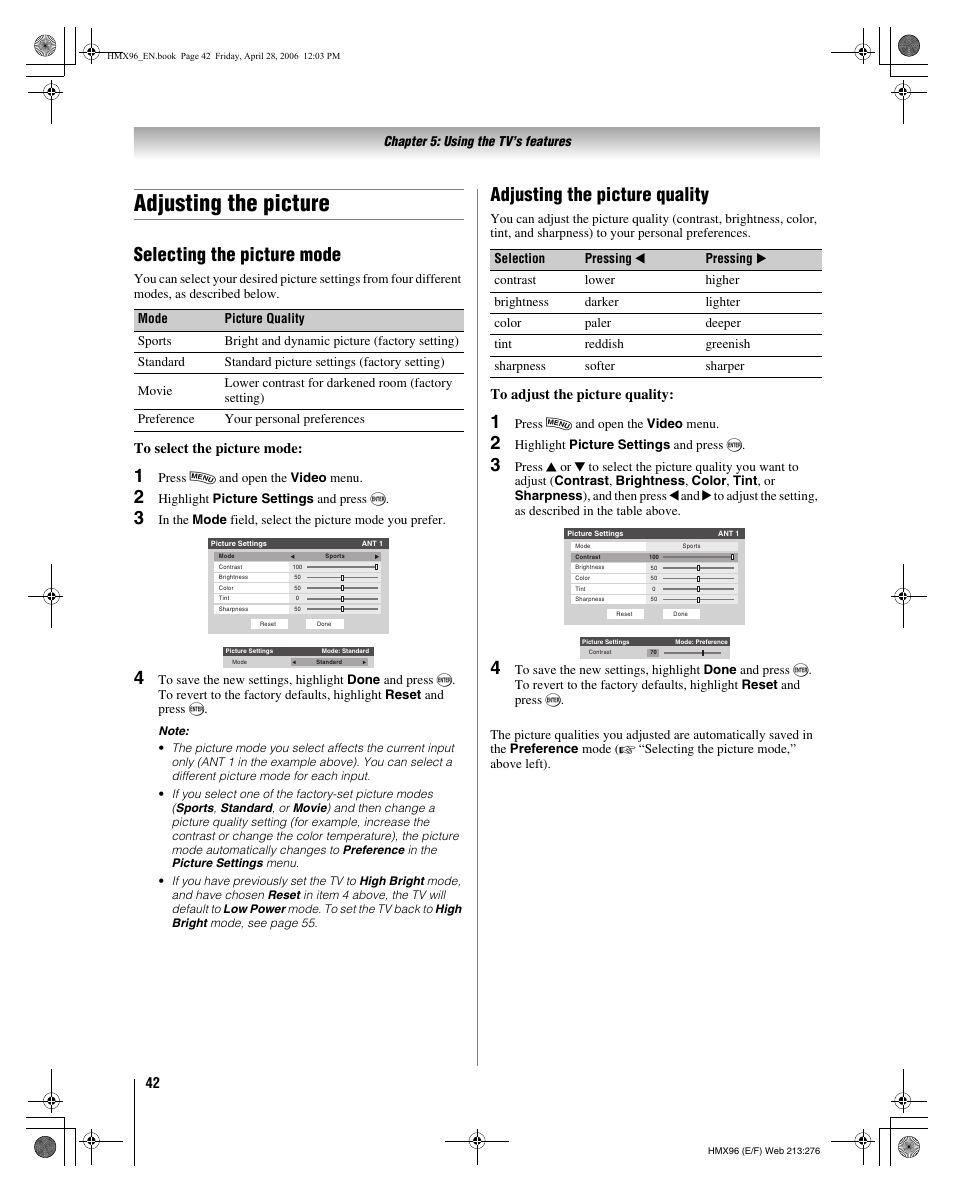 Adjusting the picture, Selecting the picture mode, Adjusting the picture quality | Toshiba 56HMX96 User Manual | Page 42 / 90