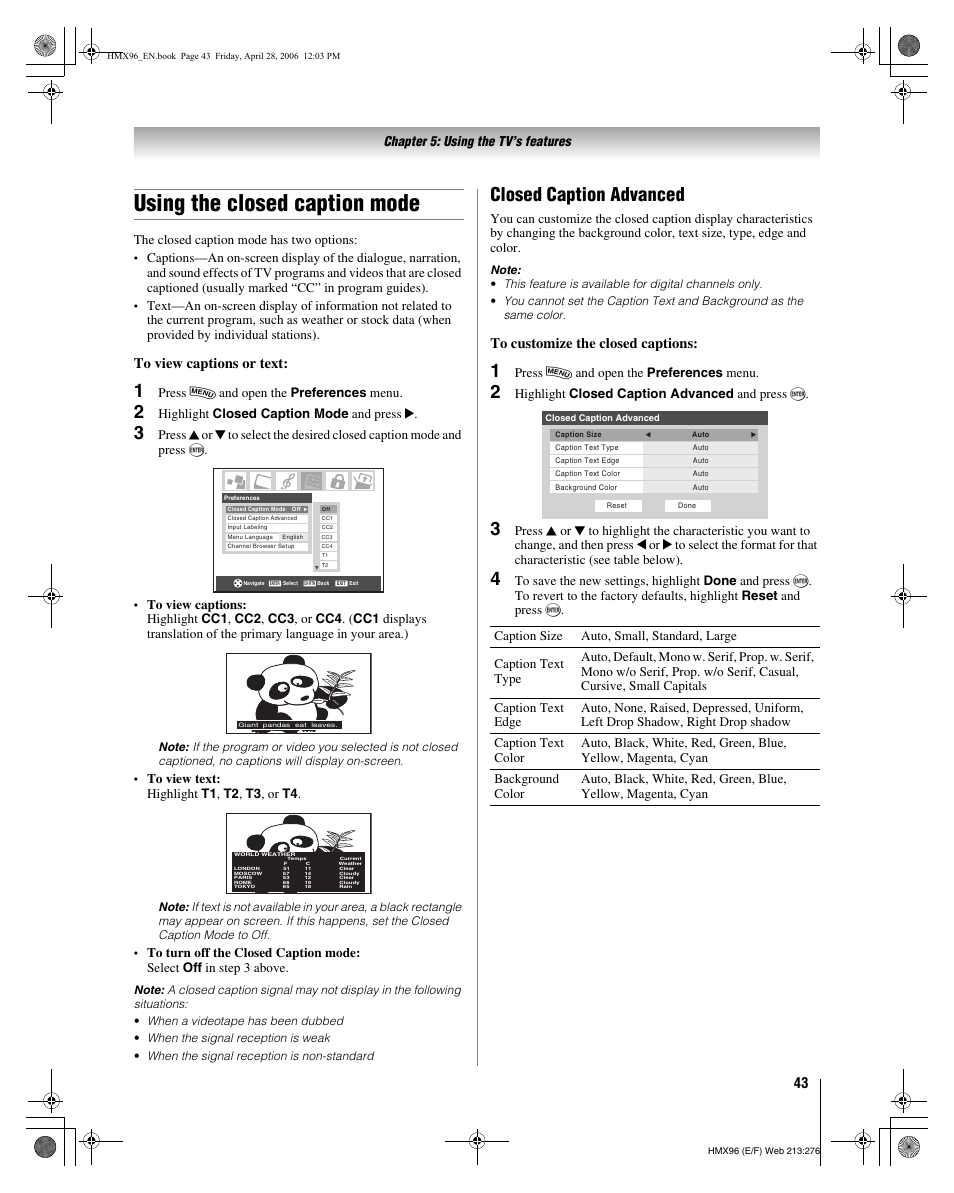 Using the closed caption mode, Closed caption advanced | Toshiba 56HMX96 User Manual | Page 43 / 90
