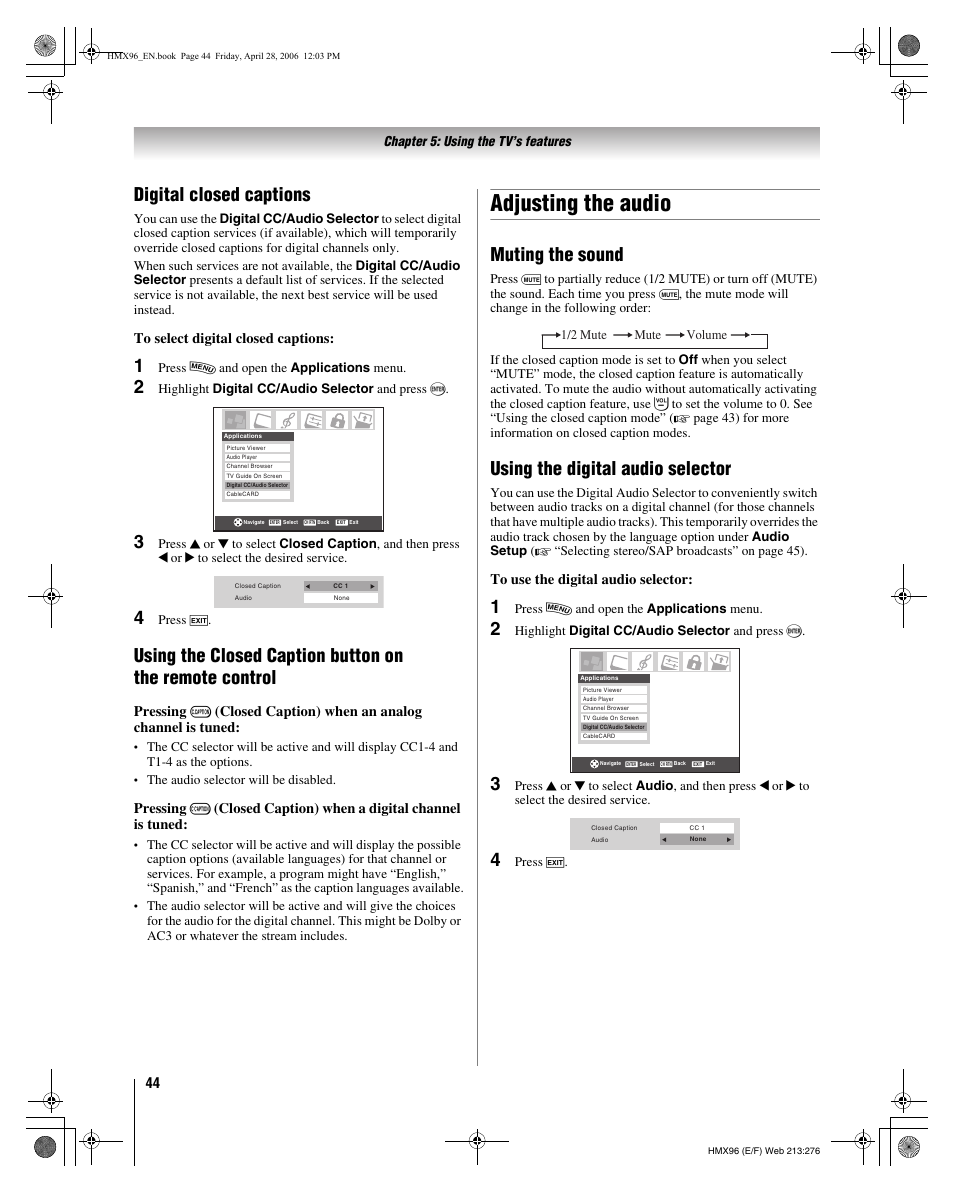 Adjusting the audio, Digital closed captions, Muting the sound | Using the digital audio selector | Toshiba 56HMX96 User Manual | Page 44 / 90