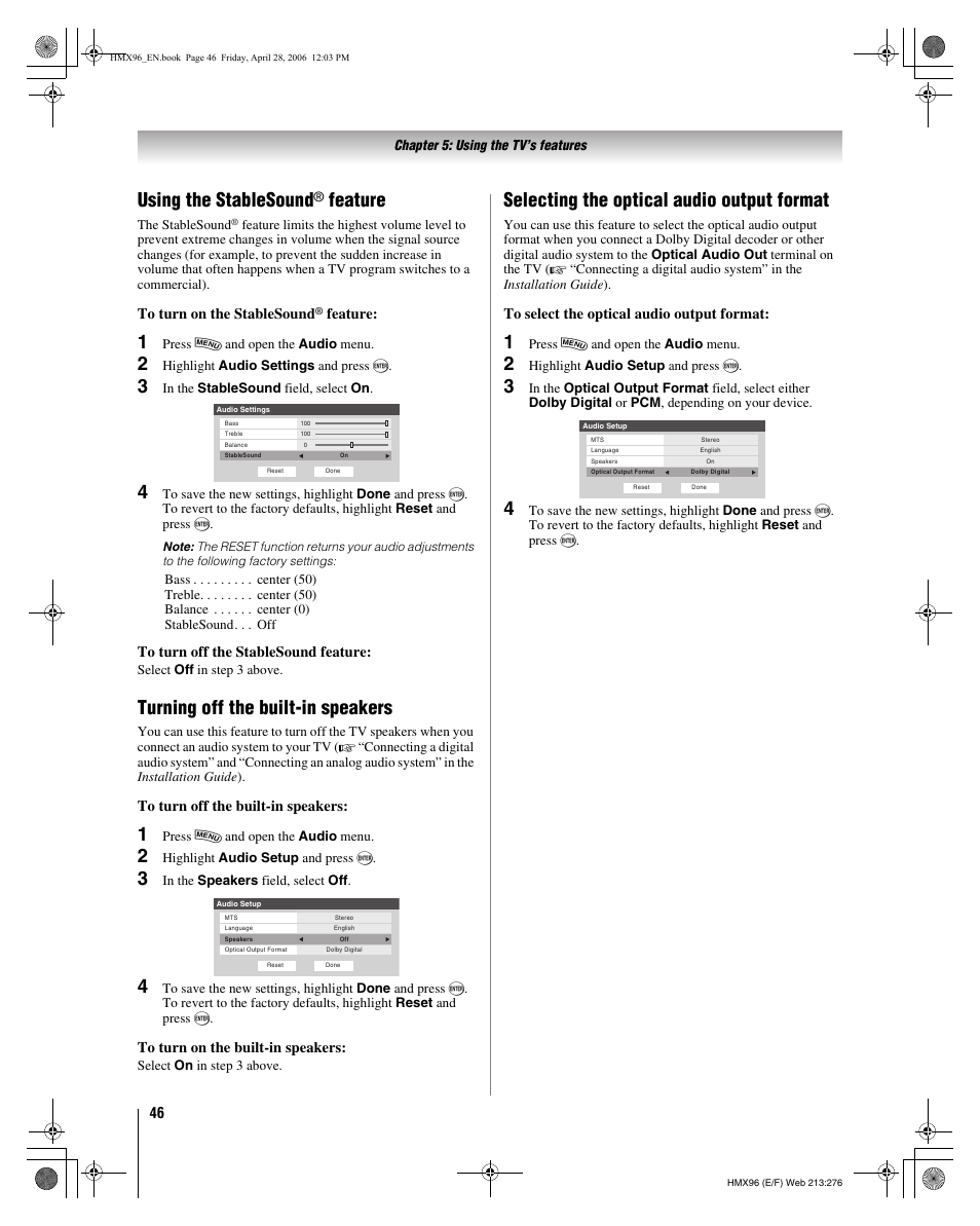 Using the stablesound, Feature, Turning off the built-in speakers | Selecting the optical audio output format | Toshiba 56HMX96 User Manual | Page 46 / 90