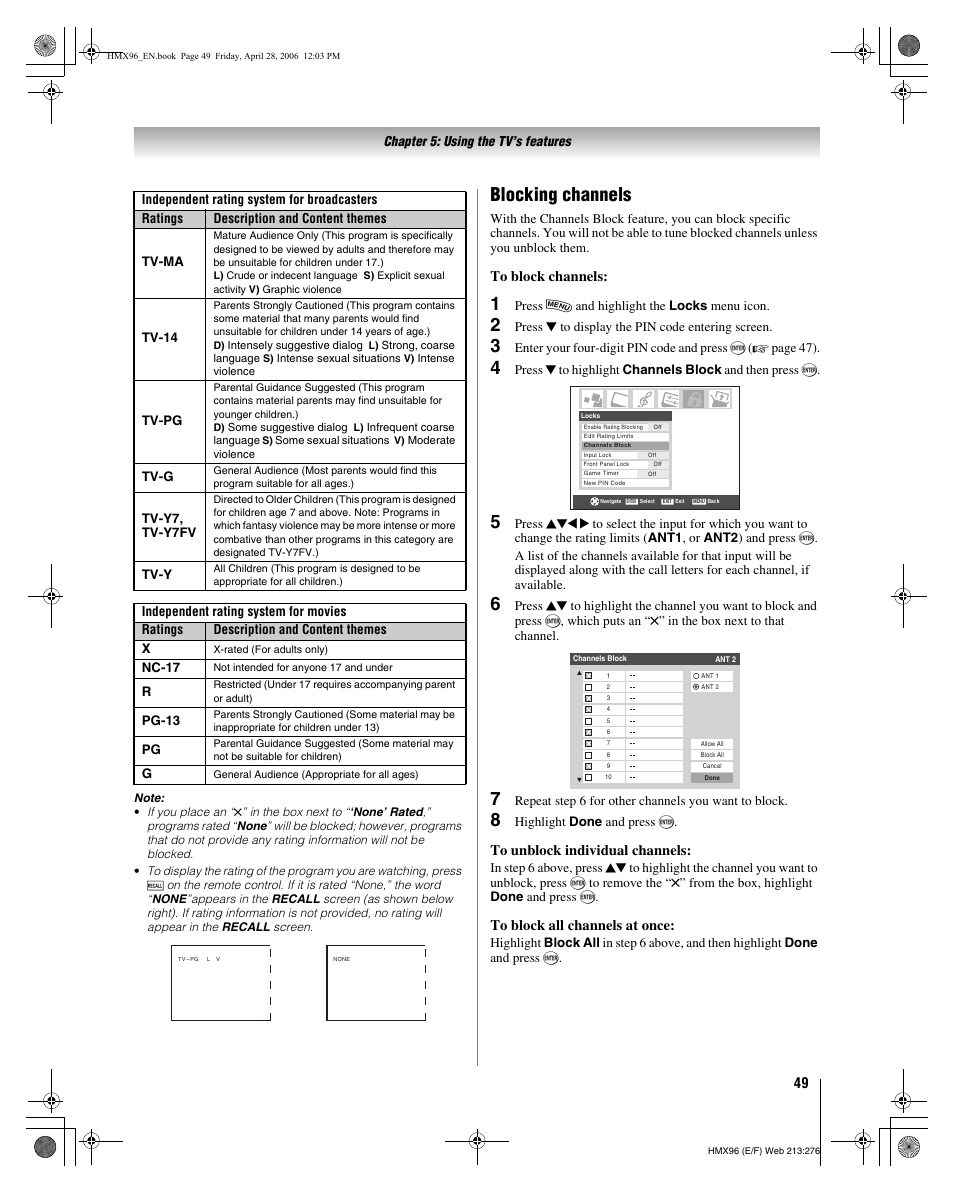 Blocking channels | Toshiba 56HMX96 User Manual | Page 49 / 90
