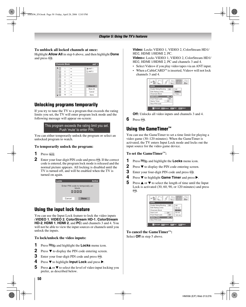 Unlocking programs temporarily, Using the input lock feature, Using the gametimer | Toshiba 56HMX96 User Manual | Page 50 / 90