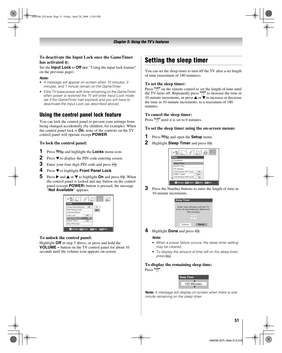 Setting the sleep timer, Using the control panel lock feature | Toshiba 56HMX96 User Manual | Page 51 / 90