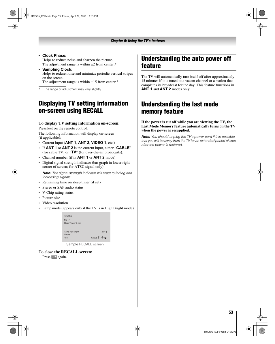 Understanding the auto power off feature | Toshiba 56HMX96 User Manual | Page 53 / 90